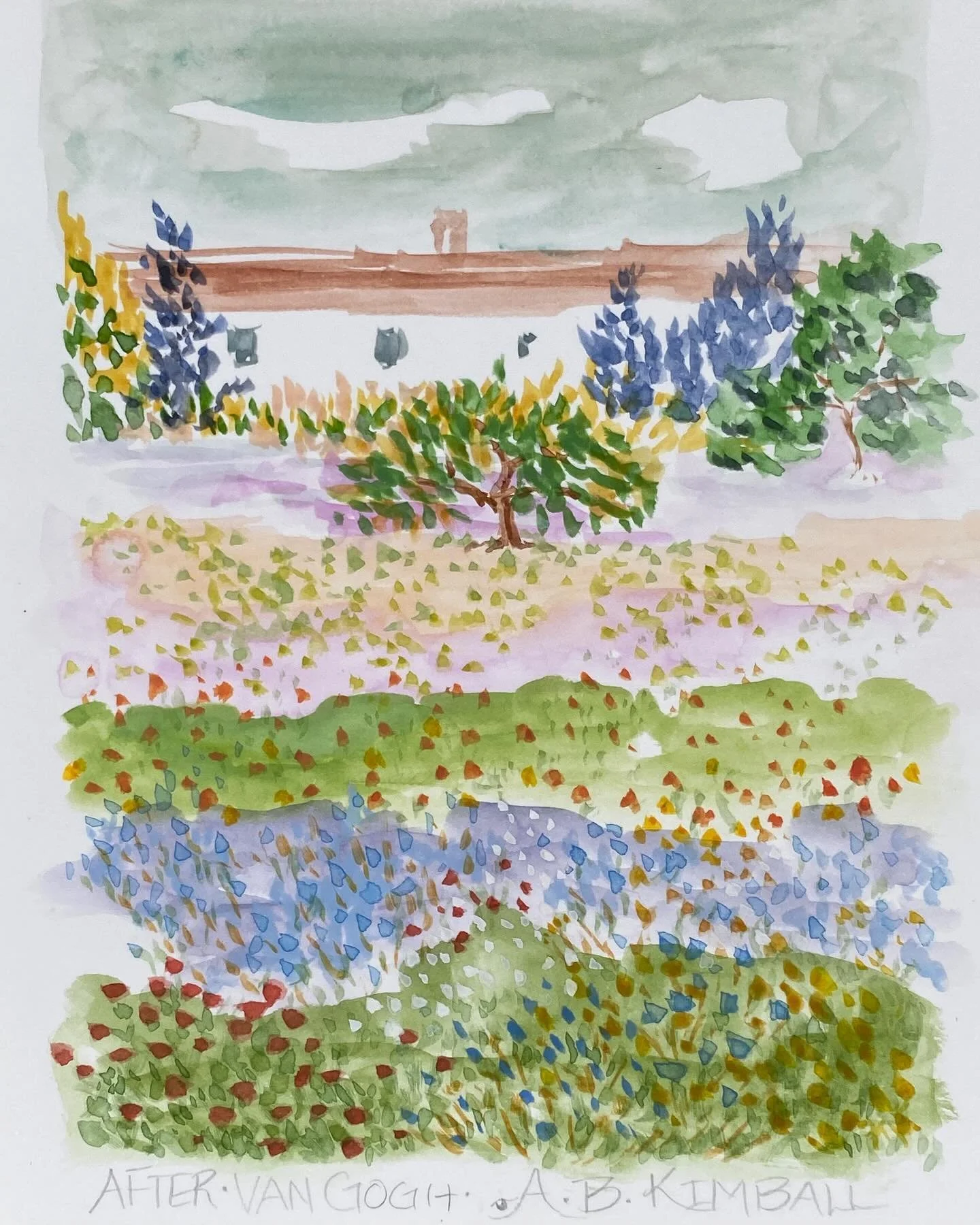 Reading van Gogh&rsquo;s letters to his brother Theo and painting my version of his Flowering Garden in my sketchbook.✨
:
:
:
:
:
:
#sketchbook 
#sketchbookpage