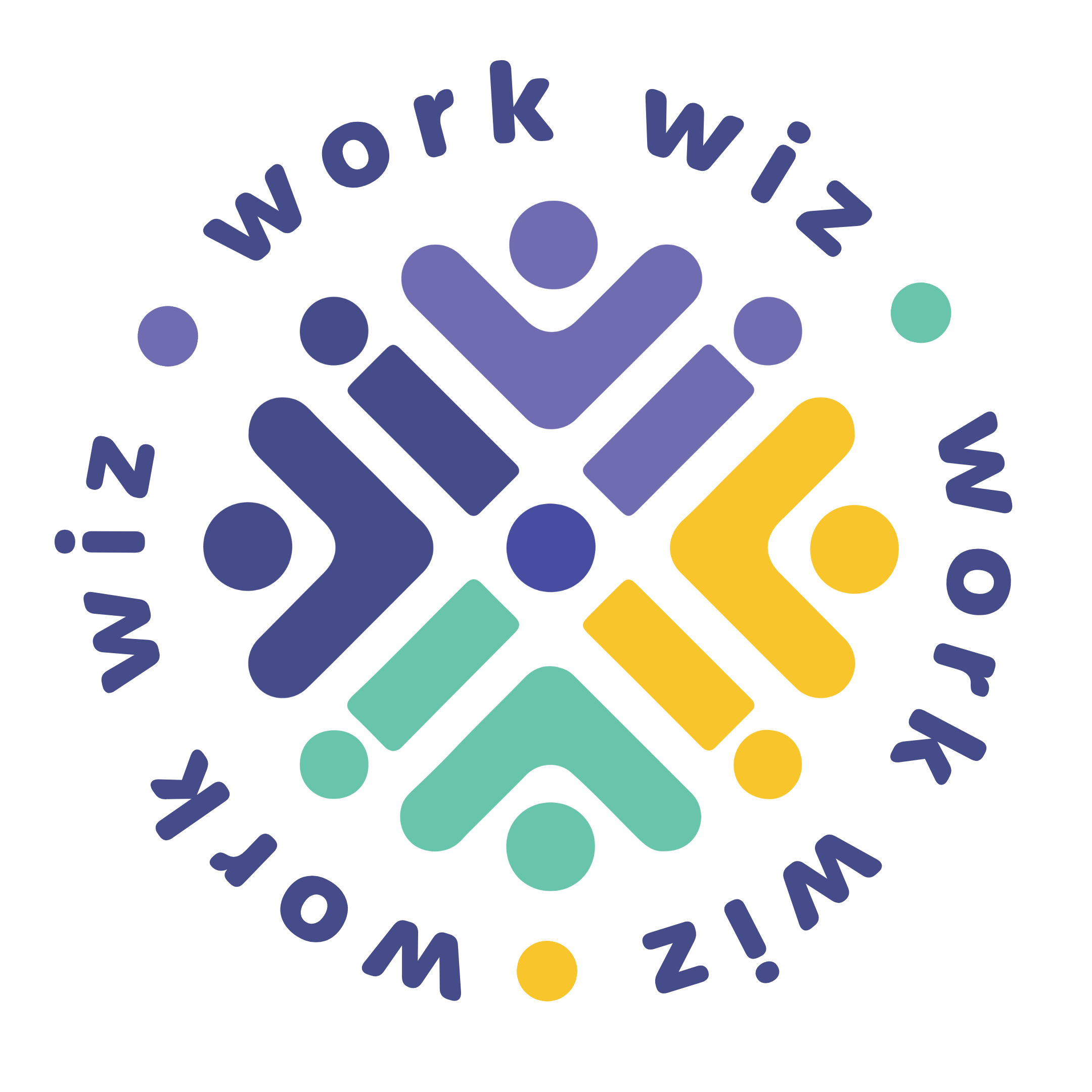 Colorful logo featuring stylized human figures connected in a circular pattern with the text "work wiz" around the circle.