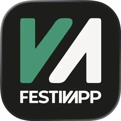 Logo for FestivApp with stylised green and white letter 'V' and 'A' on a black background