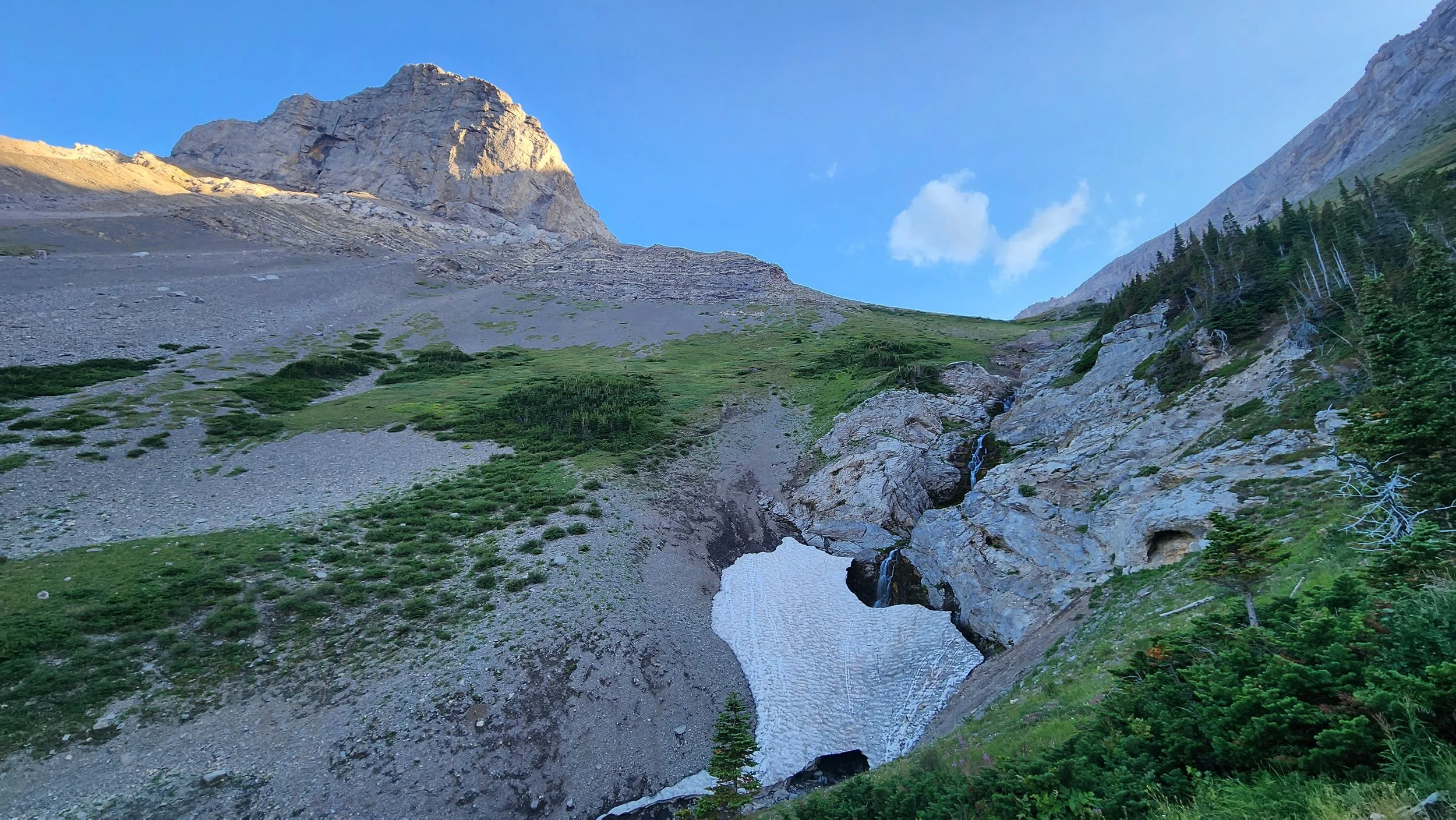 Mountain landscape with rocky peaks, green slopes, a small waterfall, and a patch of snow in the foreground under a blue sky with scattered clouds. Locally known as the plane crash and Mount Coulthard.
