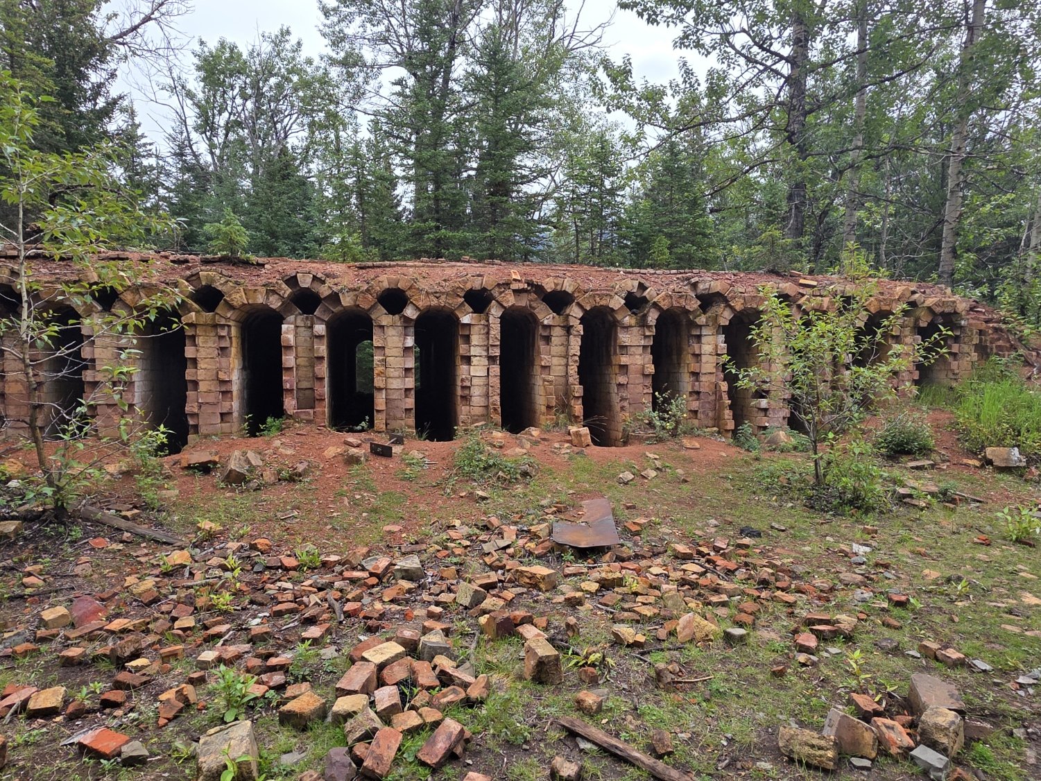 Old brick aqueduct or bridge with multiple arches, surrounded by green trees and overgrown area with scattered bricks and debris.