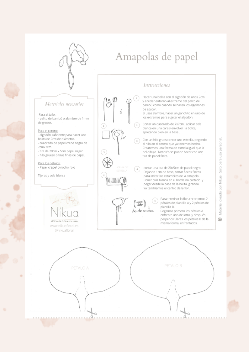 Instrucciones de Nikua para hacer flores de papel: lista de materiales necesarios, instrucciones paso a paso e ilustraciones de pétalos y herramientas.