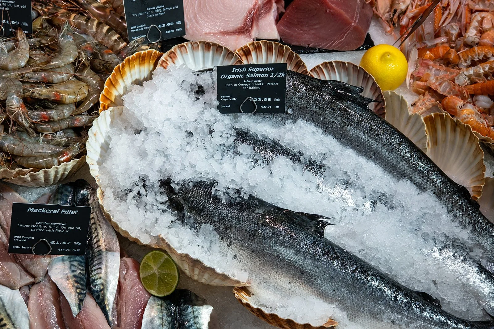 Fresh salmon fillet on ice at a seafood market, with a lemon nearby and various fish and seafood surrounding it.