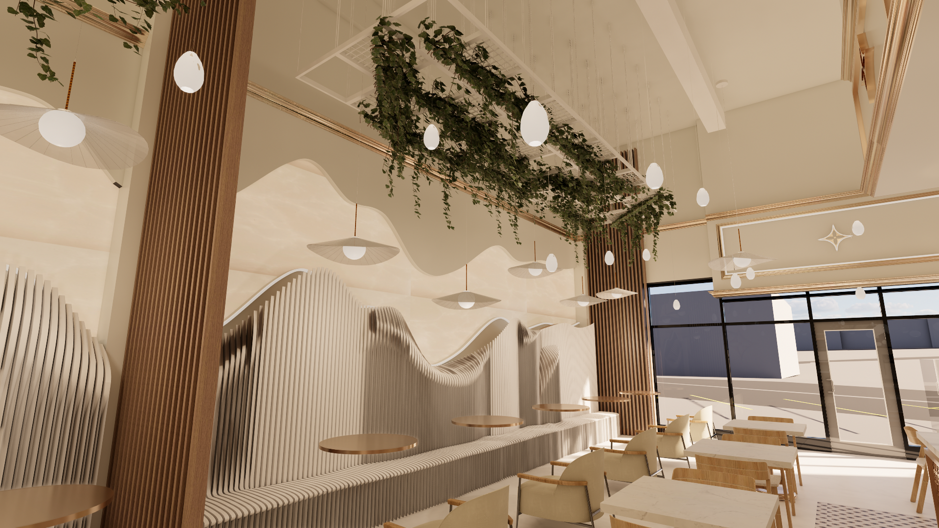 CUSTOM PARAMETRIC SEATING AREA WITH BACKLIT STONE AND HANGING GREENERY