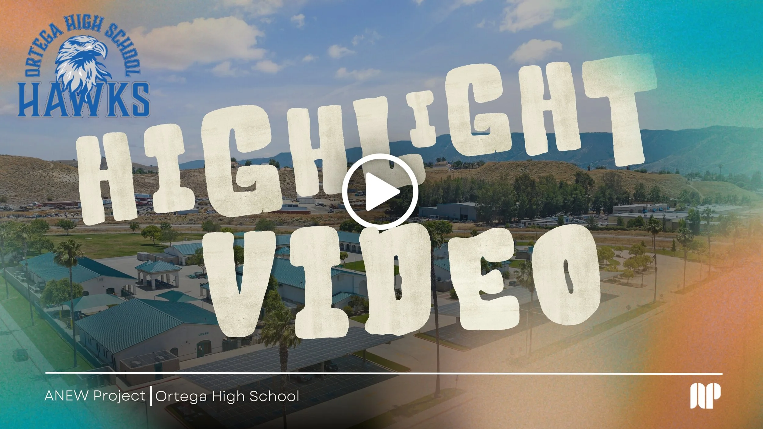 Aerial view of Ortega High School with the text 'High School Vibes' overlayed; the logo of Dr. Tara High School Hawks in the top left corner; background showing hills, school buildings, trees, and a parking lot.