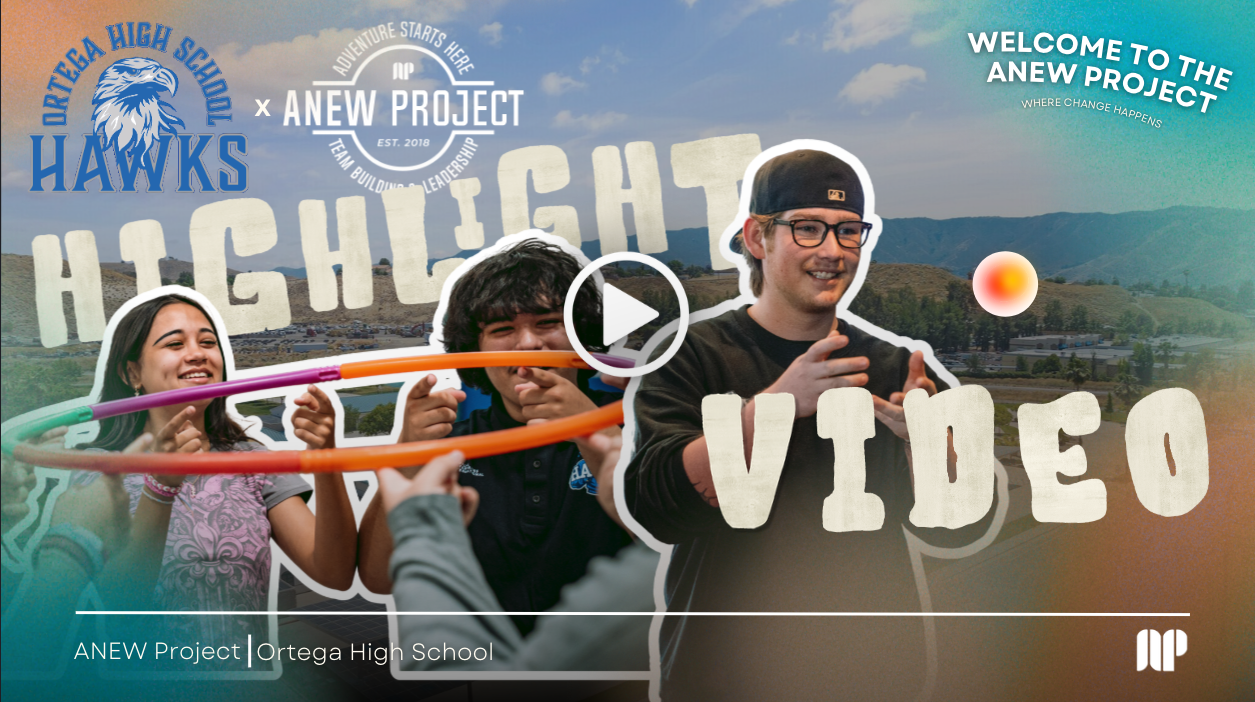 A digital graphic promoting a video about Ortega High School's ANEW Project. The image shows students outdoors during daytime, smiling and engaging with each other. The background features a landscape with hills and a blue sky with clouds. The graphic includes text, logos, and a play button overlay.