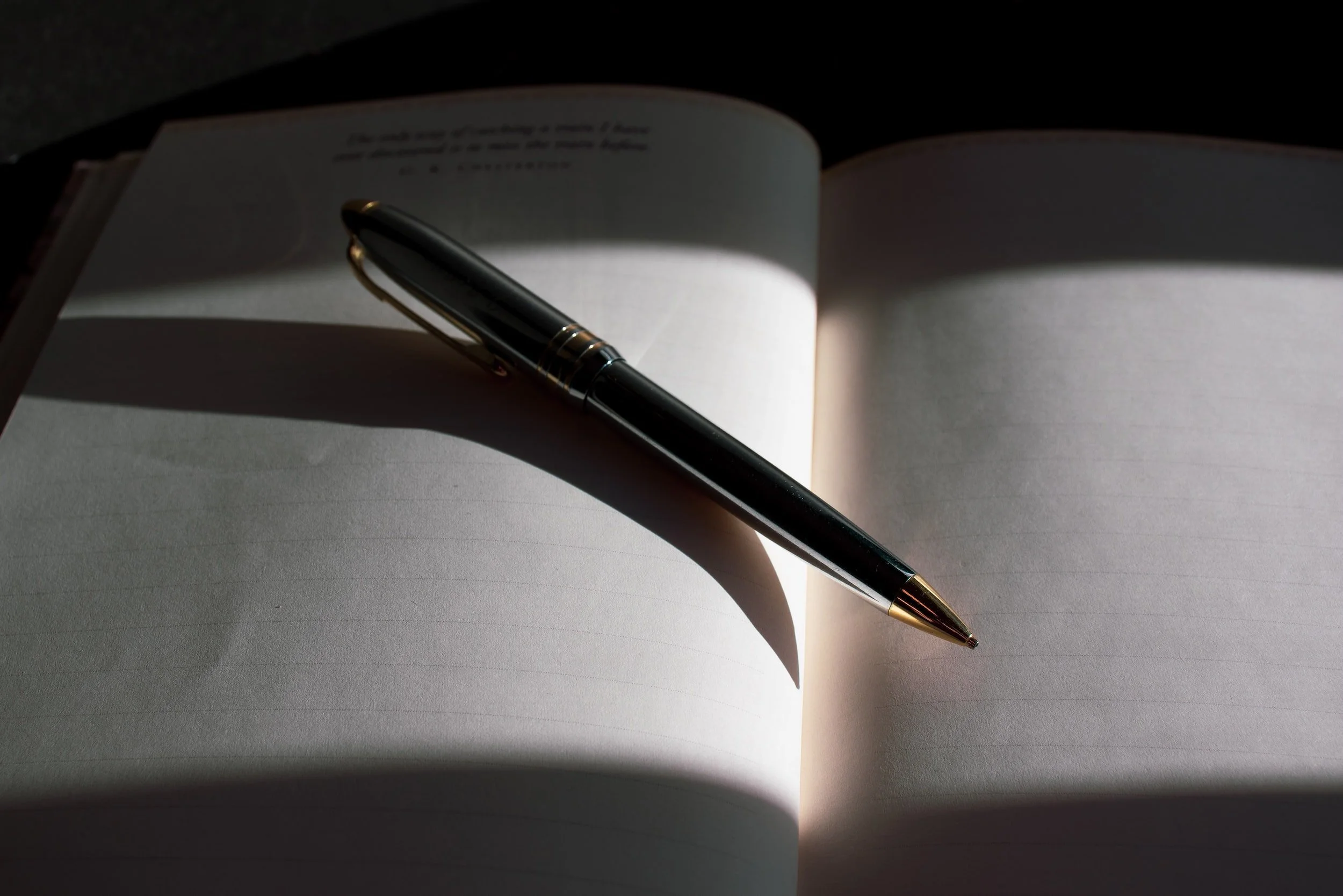 Photograph of a pen laying on an open notebook.