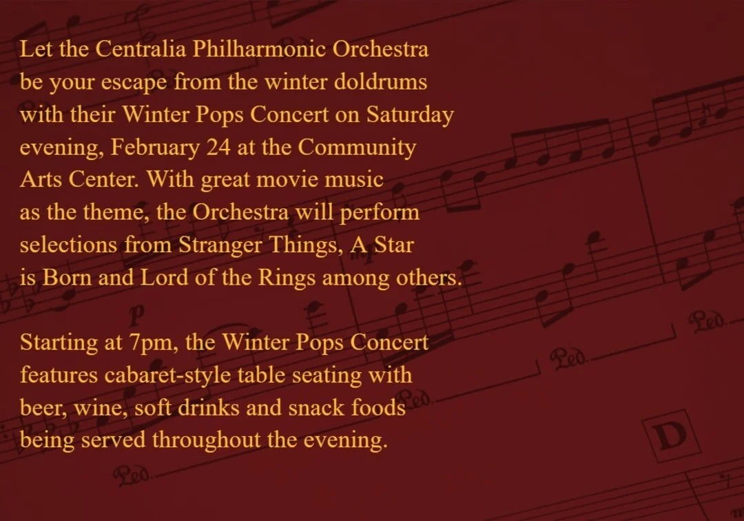 The behind-the-scenes buzz says CENTRALIA PHILHARMONIC ORCHESTRA Winter Pops Concert - Salute to the Movies is not to be missed! Get your tickets now!. our.show/vg6utatj