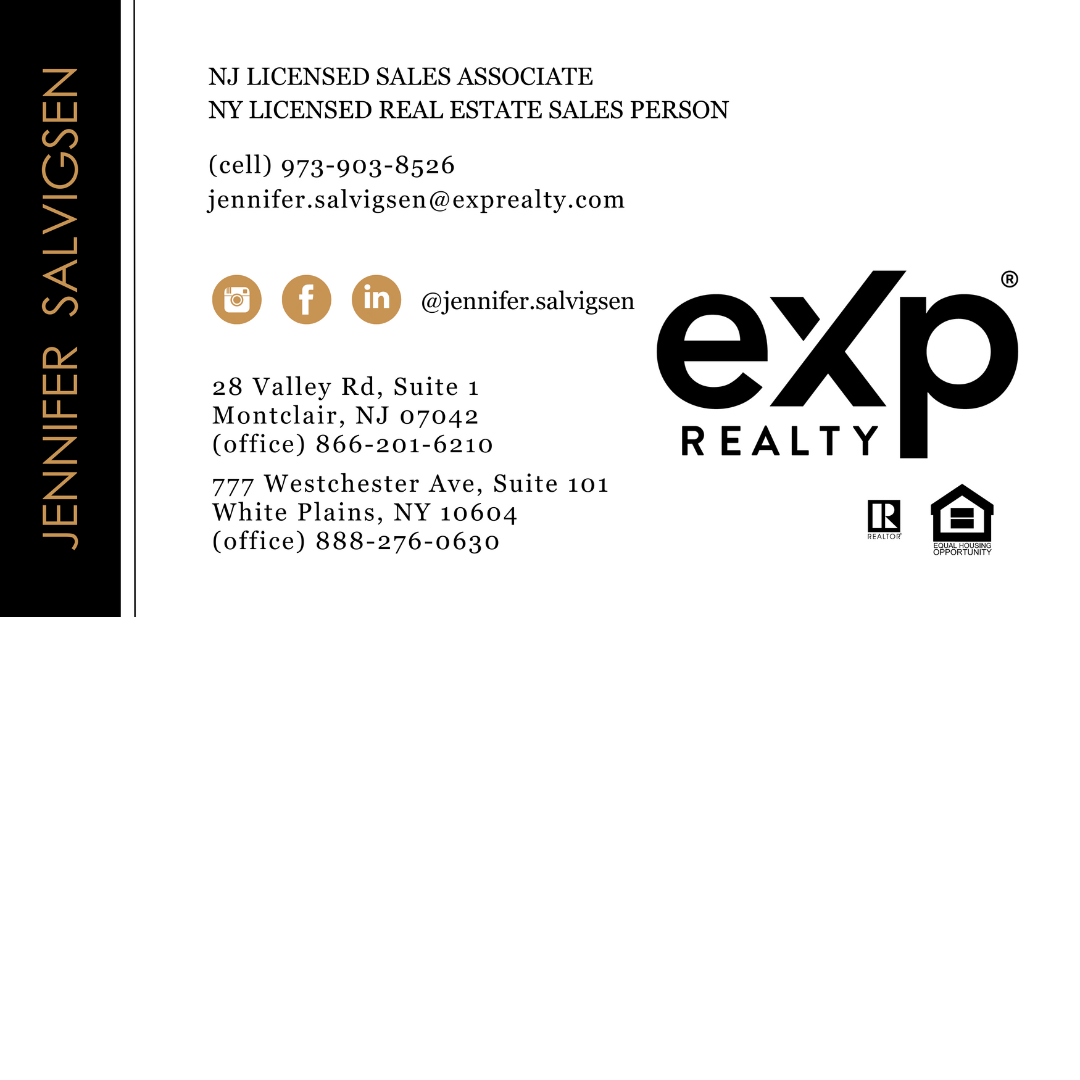 Jennifer Salvigsen works for eXp Realty. She is a REALTOR® and practices fair housing. Her number is973-903-8526 (cell) 866-201-6210 (office) jennifer.salvigsen@exprealty.com