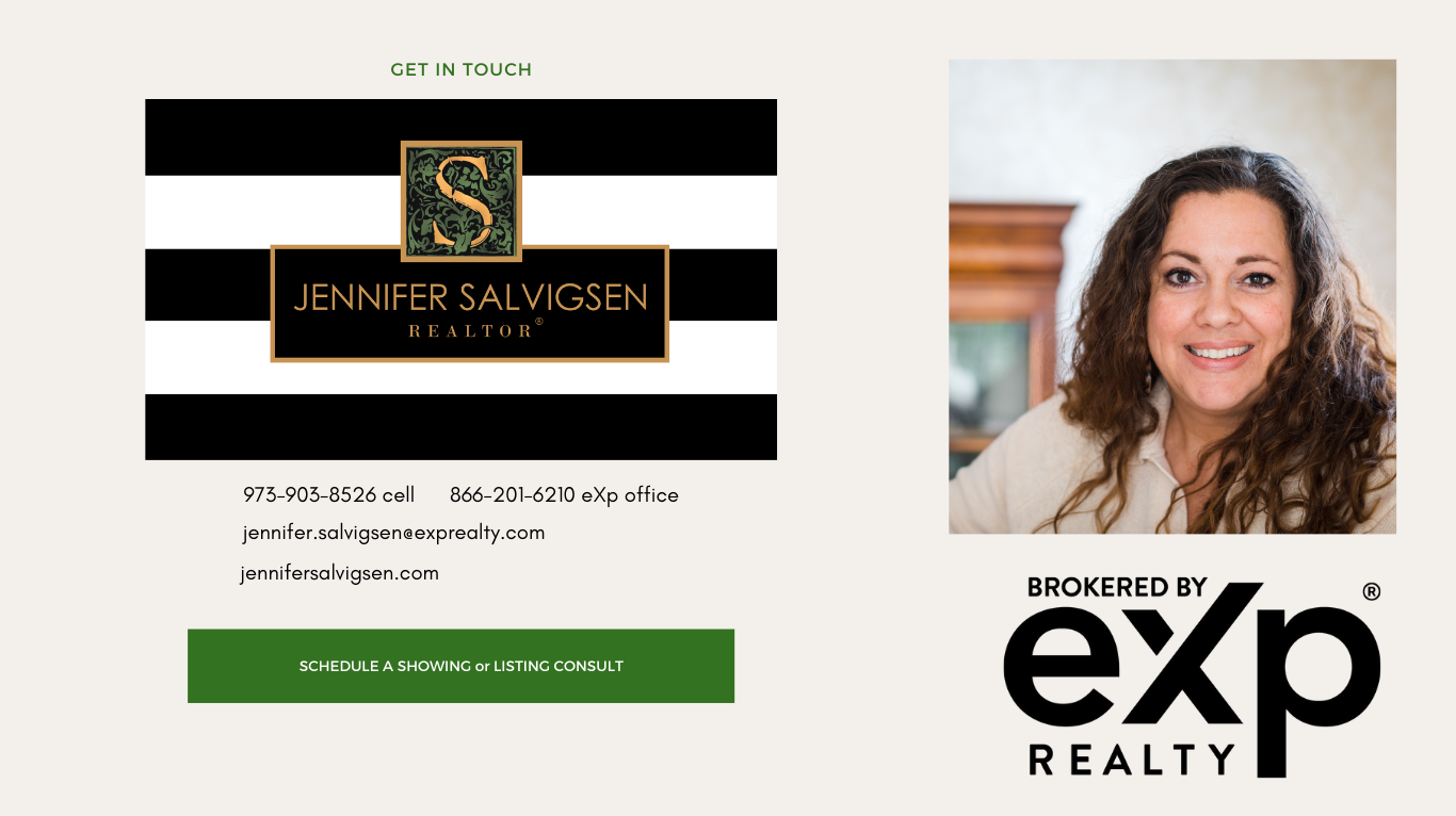 Jennifer's business card with her contact info and business card,Jennifer's photo - brown curly hair, brown eyes