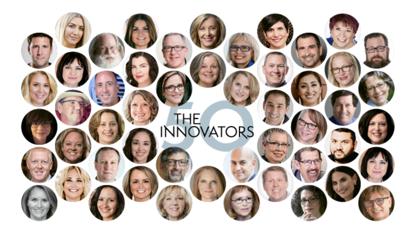 Collage of diverse headshots surrounding "The Innovators 50" text.