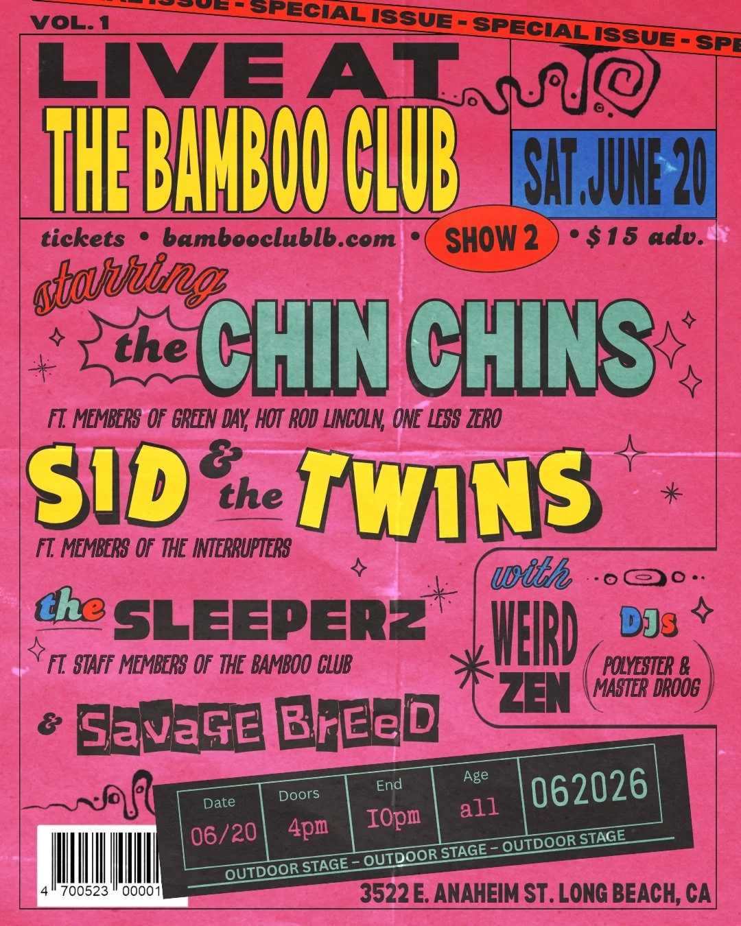 Live at the Bamboo Club presents: The Chin Chins, Sid &amp; the Twins, The Sleeperz, &amp; Savage Breed