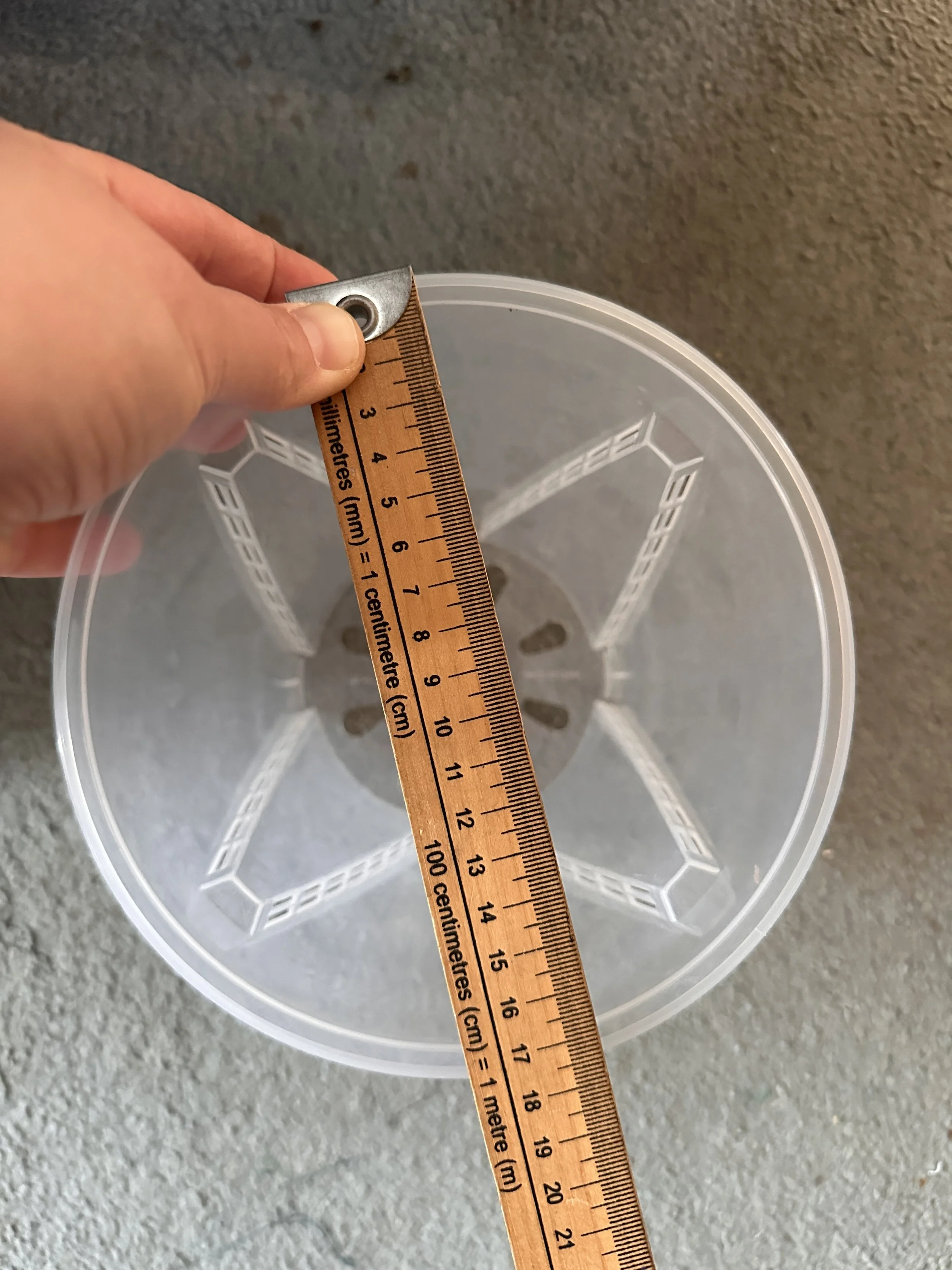 Measuring a clear nursery pot with a ruler to check the correct pot size for repotting houseplants.