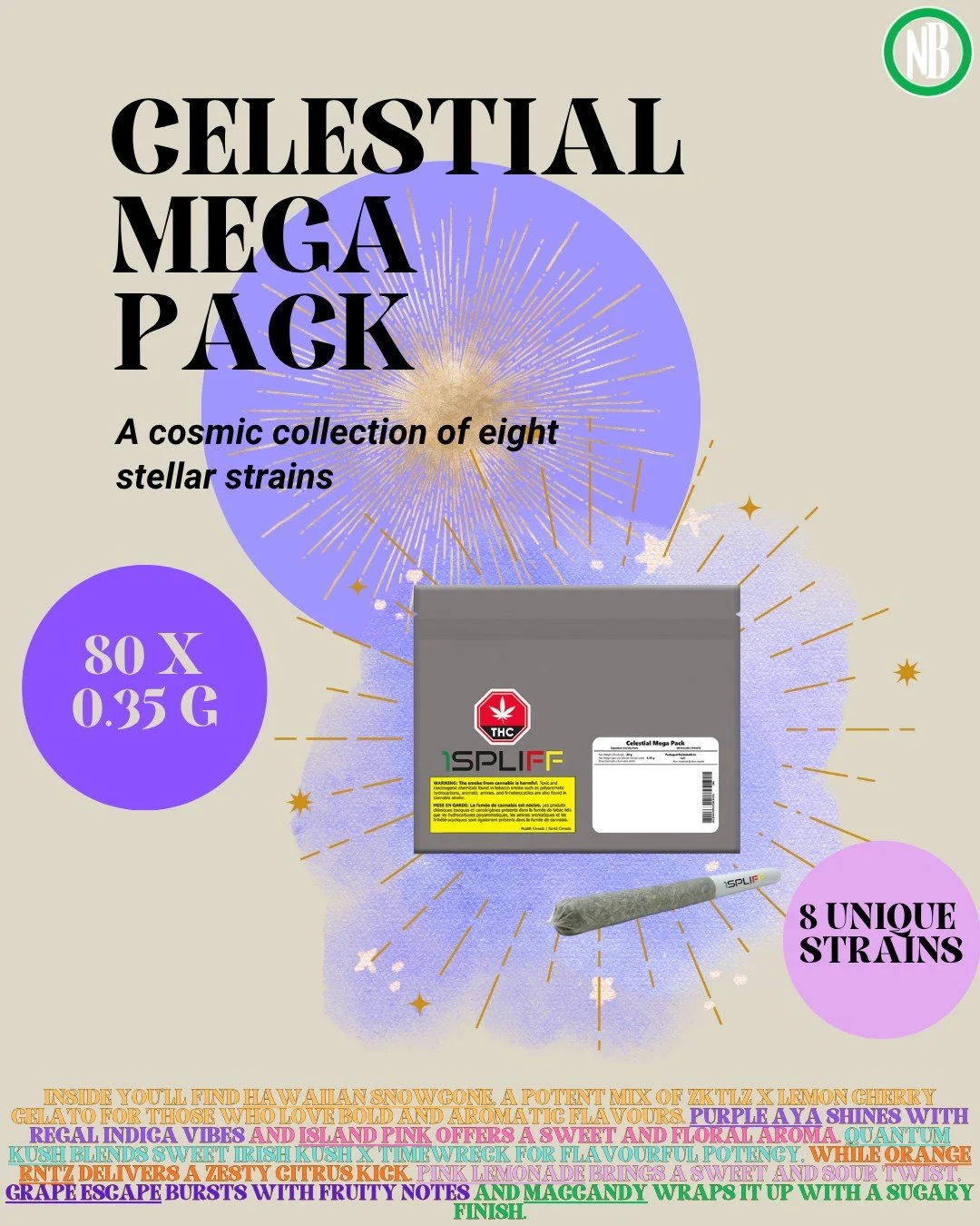 Introducing the Celestial Mega Pack from 1Spliff! Featuring 8 unique strains from 1spliff like MacCandy and Island Pink. With THCs ranging from 24-29% you will surely enjoy the numerous options you get with this ounce worth of pre-rolls! Available no
