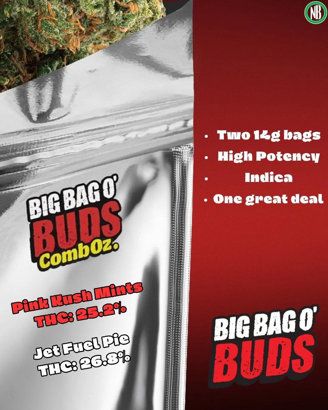 Big Bag O Budz's CombOz. has 2 different indica strains in this one. They boast a fairly high THC and have two really great strains grown in New Brunswick. 🌿🔥 Get yours today here at Naturally Bongins! 

 #naturallybongins #elevatedheadshop #smoke 