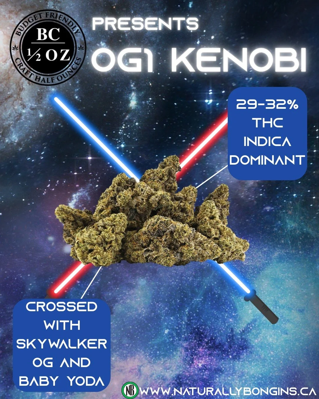 Feel the force of OGI Kenobi 🌌
A powerful indica-dominant strain crossed with Skywalker OG x Baby Yoda, packing 29&ndash;32% THC for next-level relaxation and strength.
Budget-friendly. Craft quality. Half-ounce heat.

⚔️ May the highs be with you.
