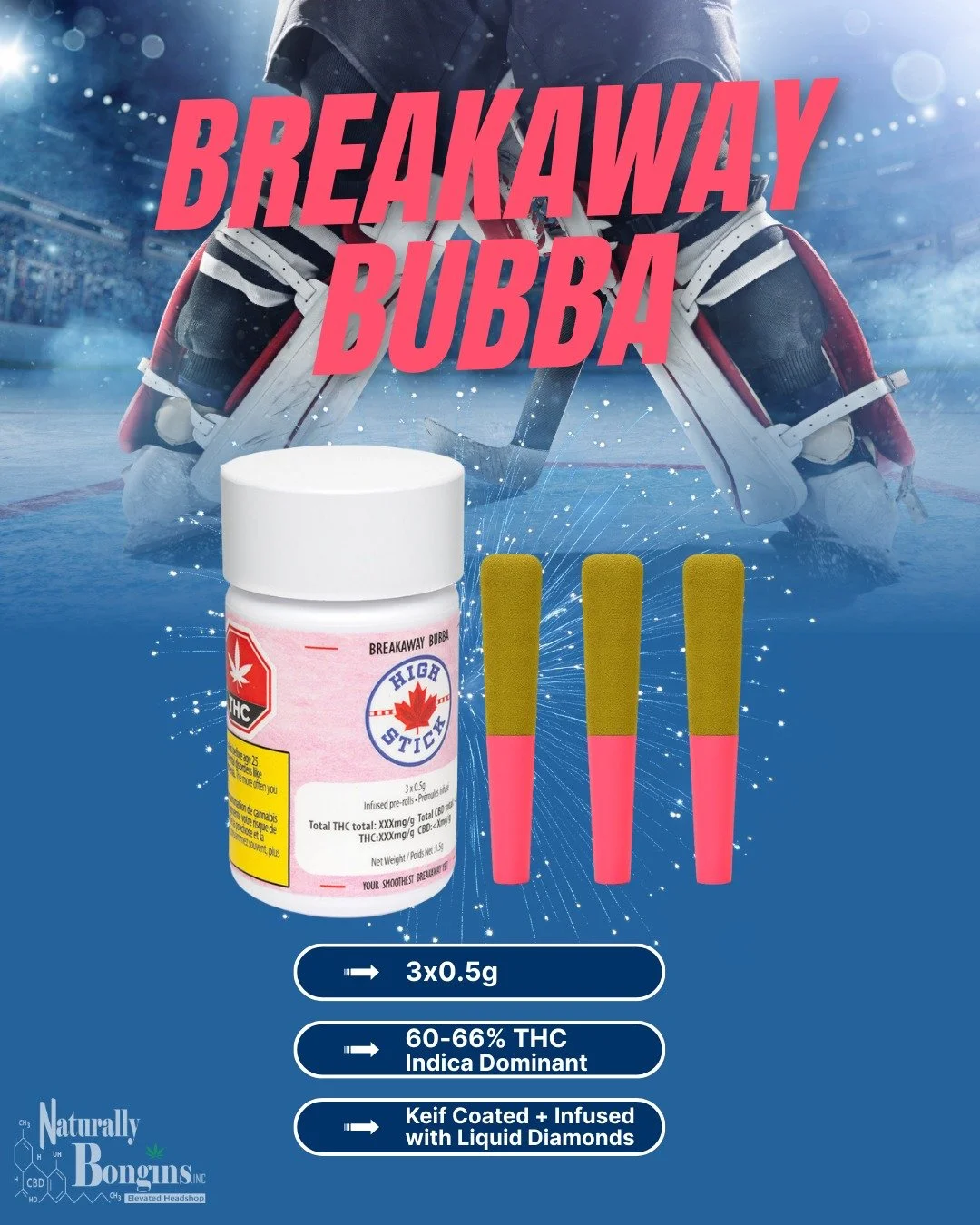 Break away from the ordinary 🏒🔥
Breakaway Bubba is here&mdash;powerful, smooth, and built to finish strong.
💨 3 x 0.5g pre-rolls
💥 60&ndash;66% THC | Indica dominant
✨ Keif coated + infused with liquid diamonds
This one&rsquo;s a top-shelf goal e
