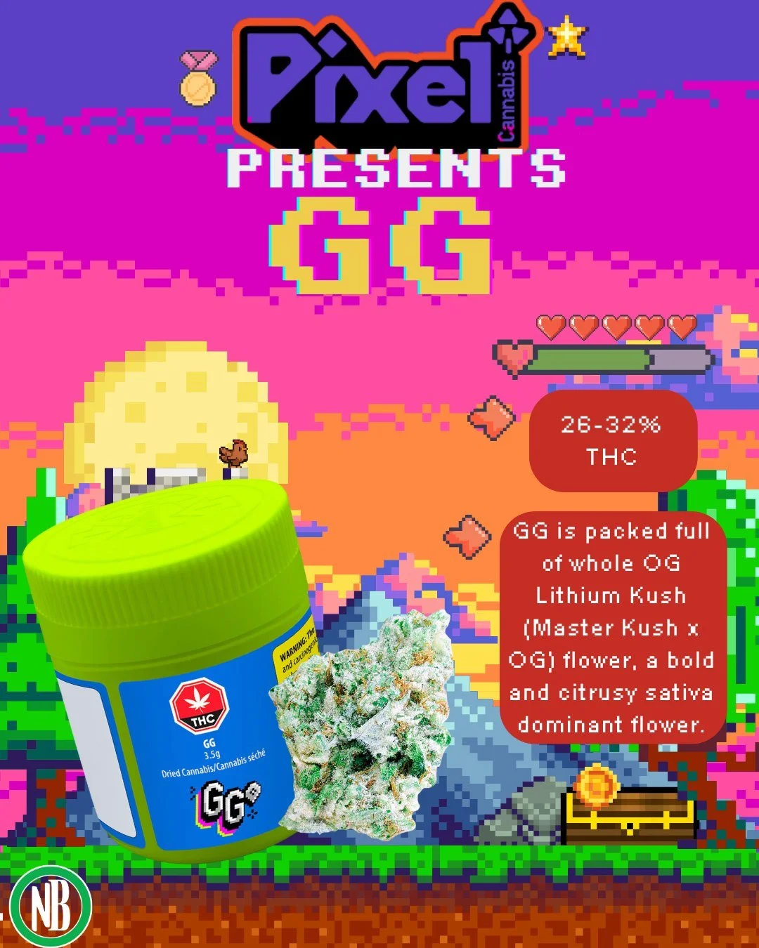 Level up your stash 🎮🌿
Pixel presents GG &mdash; a power-packed flower clocking in at 26&ndash;32% THC, loaded with whole OG Lithium Kush (Master Kush x OG). Expect bold, citrusy vibes and a sativa-leaning lift that hits like a bonus round. 💥🍋
Ga