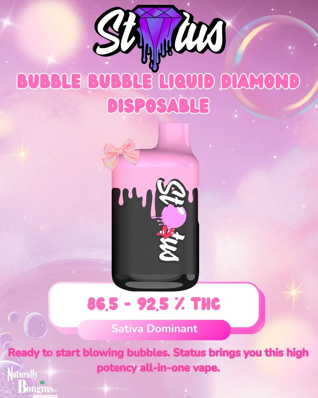 Sweet, bubbly vibes meet serious potency with the Bubble Bubble Liquid Diamond Disposable from Status. This sativa-dominant vape delivers smooth, flavourful hits with a powerful kick &mdash; perfect for lifting your mood and keeping the good vibes fl