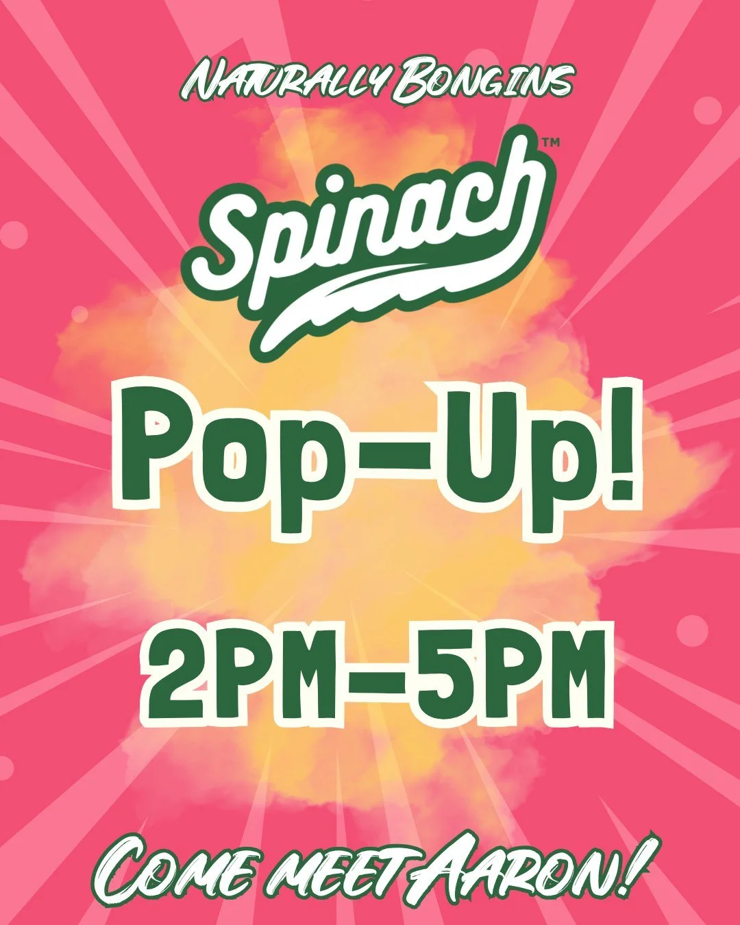 Spinach Pop-Up | 2PM&ndash;5PM
At Naturally Bongins 🌿✨ 

Come meet Aaron, hang out, and enjoy the vibe 💚
See you there!
MUST BE 19+🔥
#naturallybongins #elevatedheadshop #popup