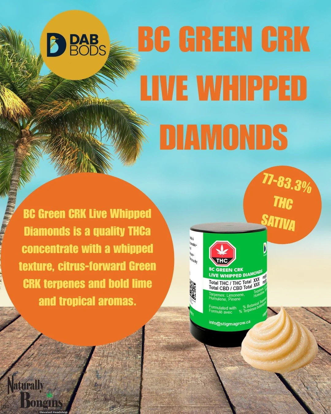 Sun-soaked vibes, citrus-forward flavour, and a whipped texture that hits just right 🌴✨

BC Green CRK Live Whipped Diamonds bring bold lime and tropical aromas with a smooth, terp-rich experience. Perfect for those who appreciate quality concentrate