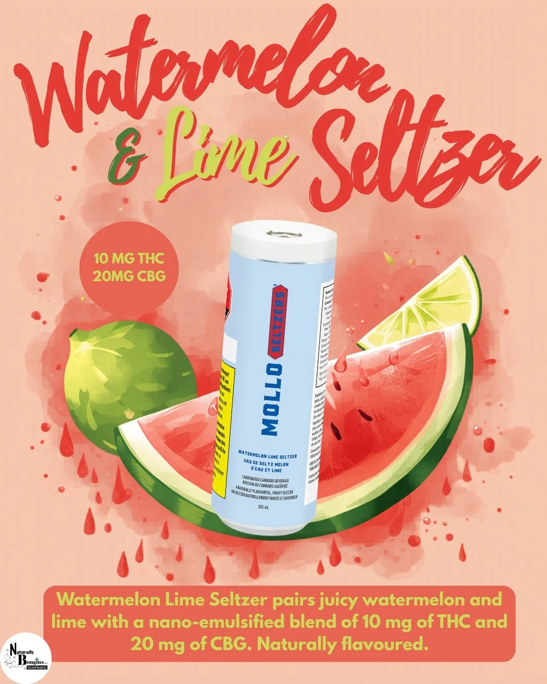 Meet the Watermelon Lime Seltzer  by Mollo &mdash; bursting with juicy watermelon, zesty lime, and infused with 10mg THC + 20mg CBG for the ultimate chill sip. 🌿💦

Naturally flavoured. Smooth vibes. Sunshine in every can. ☀️
#naturallybongins #elev