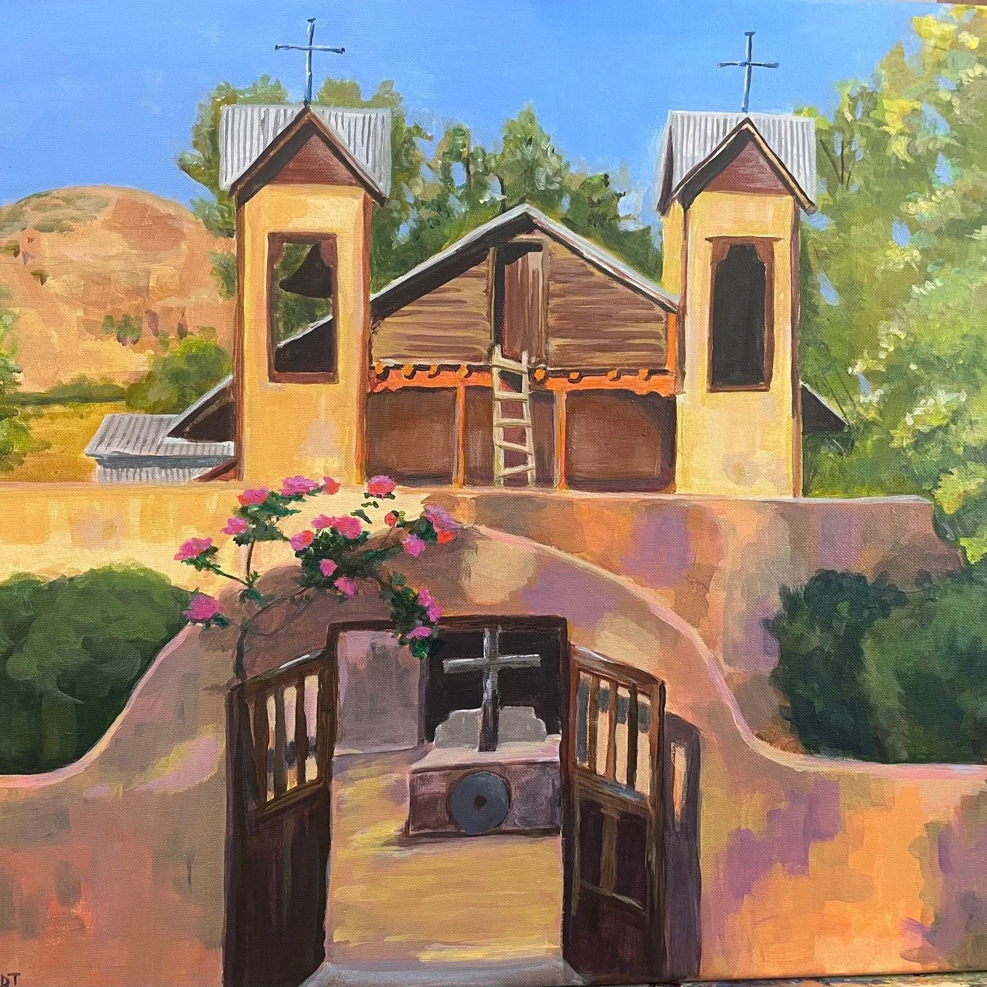My painting of Chimayo Chapel near Santa Fe, NM. Acrylic, 24&rdquo;wx18&rdquo;h! Available. #fineart #paintingart