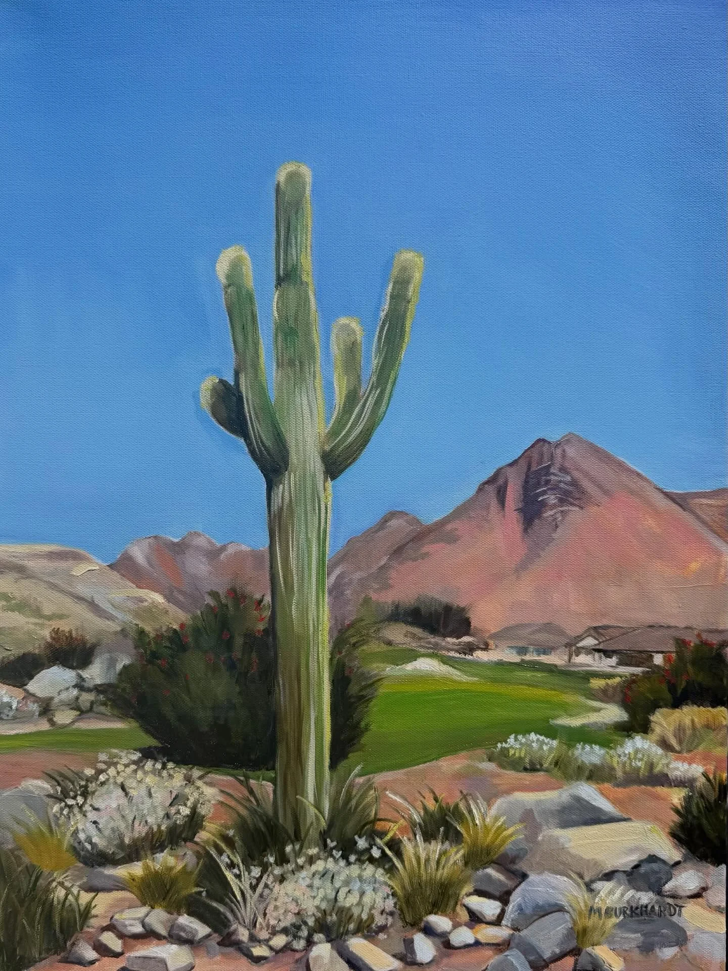 Cactus at Victory 18th Hole with Tiger Mountain. #oilpainting #victoryatverrado #verradoaz