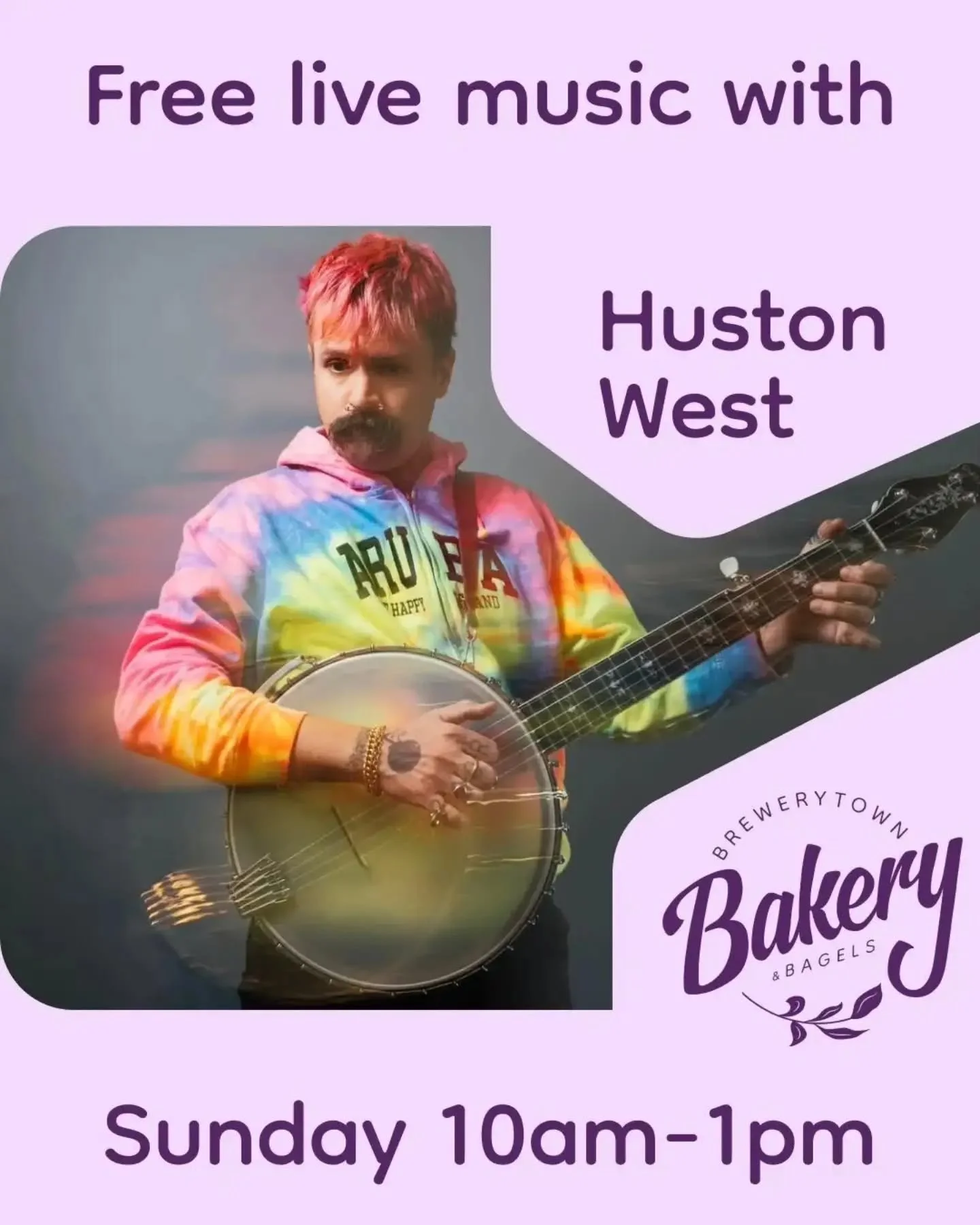 Swing by on Sunday to see local artist @hustonwestbanjo strum his banjo and maybe even sing at the same time! He'll be playing all his hits and you can sing along to forget about life or whatever. Grab some coffee, bagels, listen to some music, and c