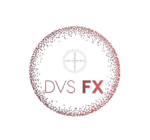 Logo featuring a red dotted sphere with a white scope reticle at the top center, and the text 'DVS FX' in red and pink below the reticle.