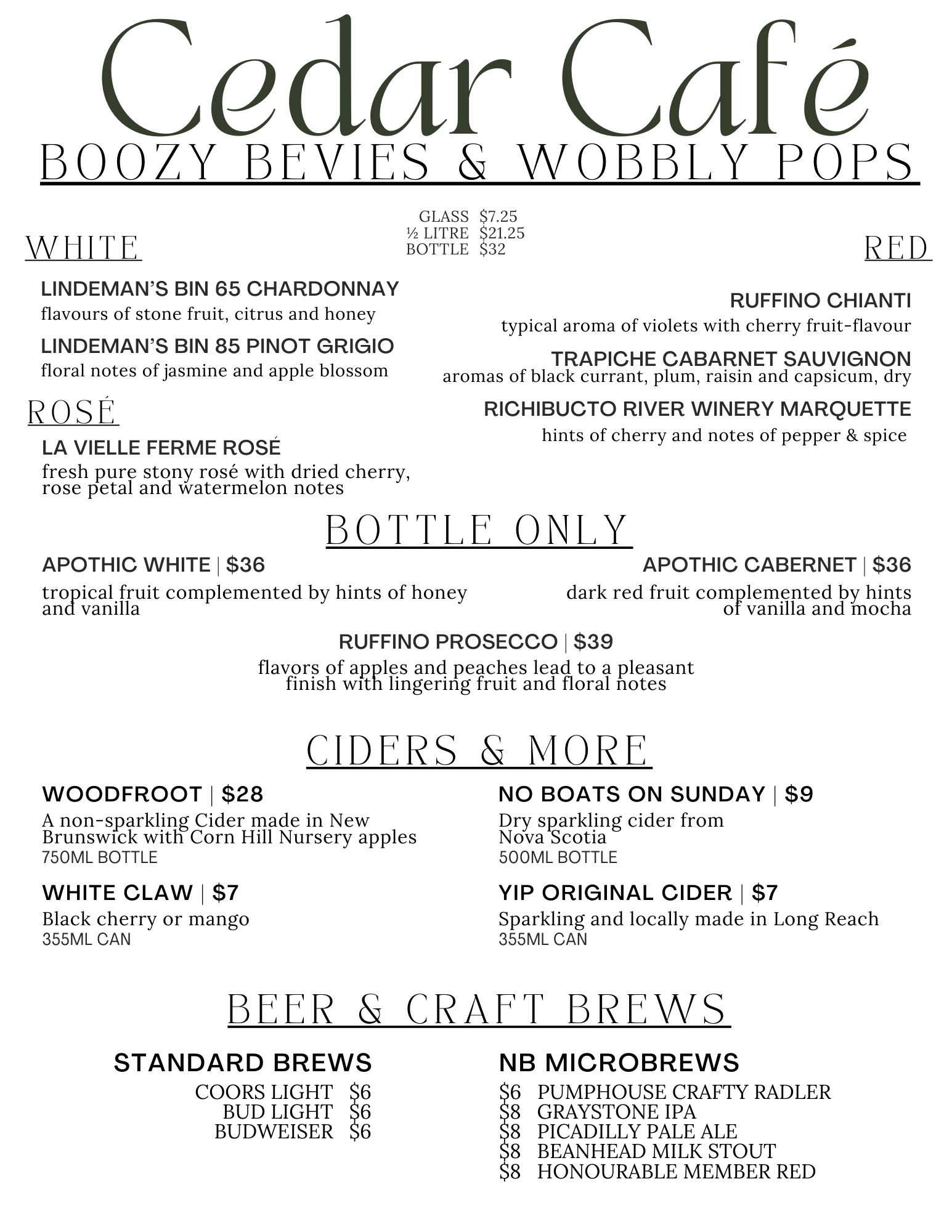 Cedar Café Menu — Corn Hill Nursery