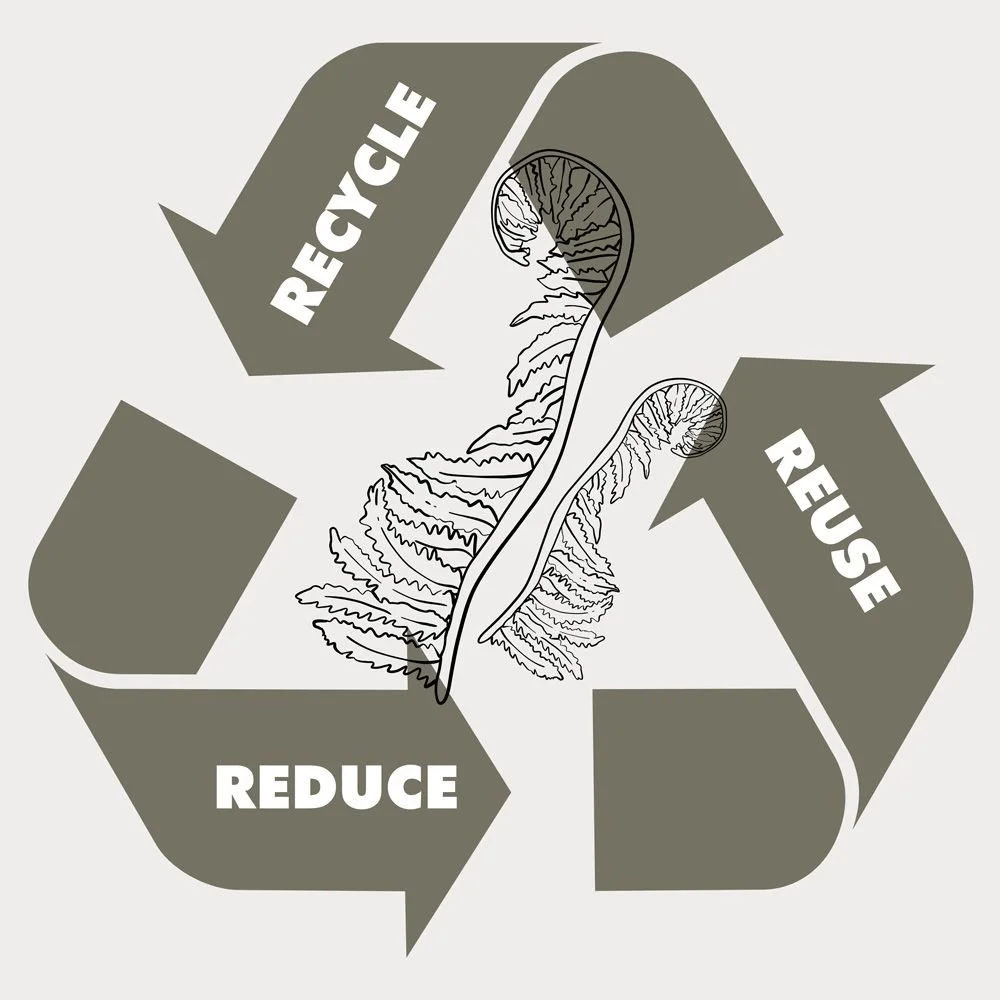An illustration of a mushroom with recycling symbols and the words 'Reduce', 'Reuse', and 'Recycle' around it, promoting environmental sustainability.