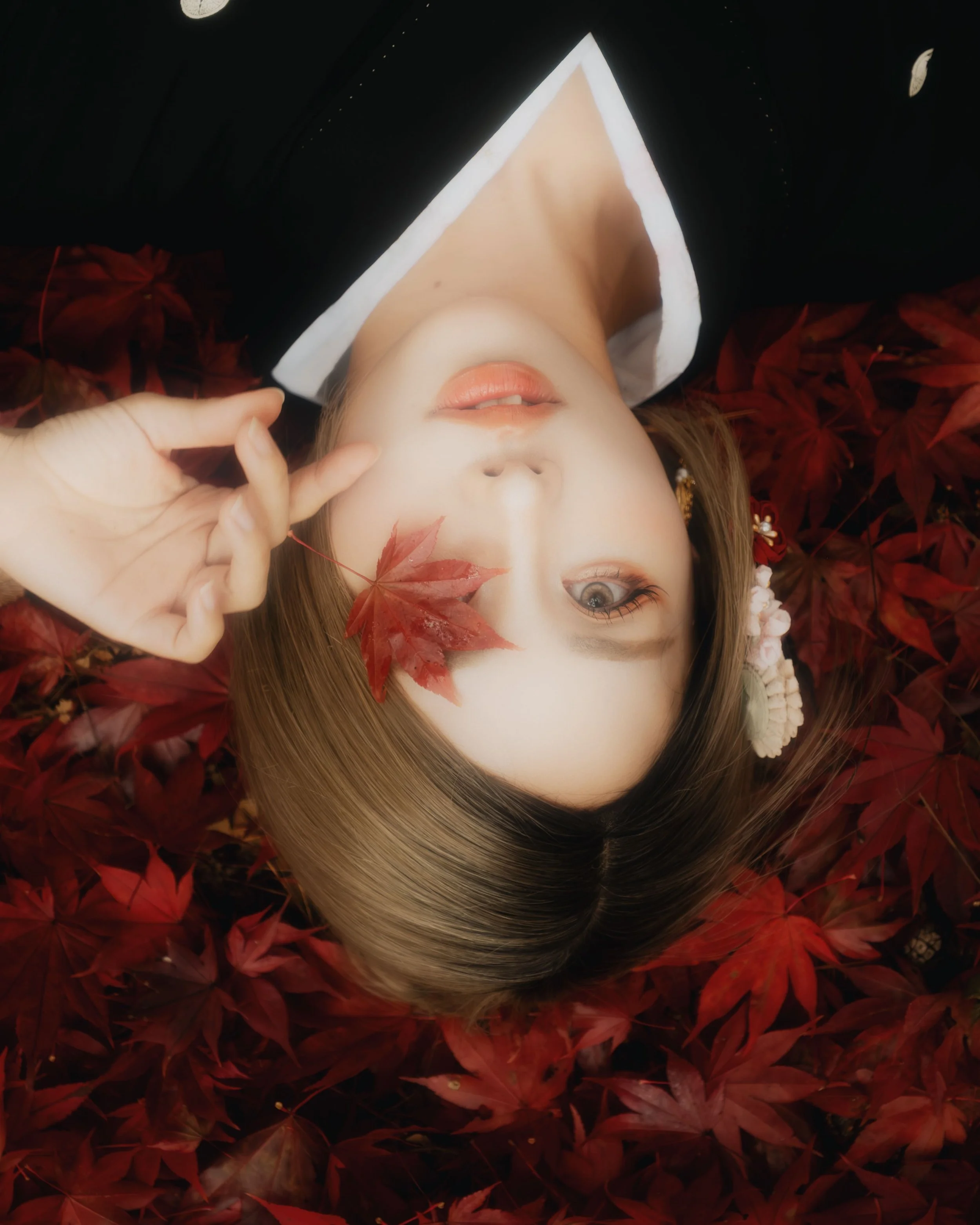 A woman lying on a bed of red autumn leaves, wearing a black dress with white collar, with a leaf covering one eye and her hand near her face.
