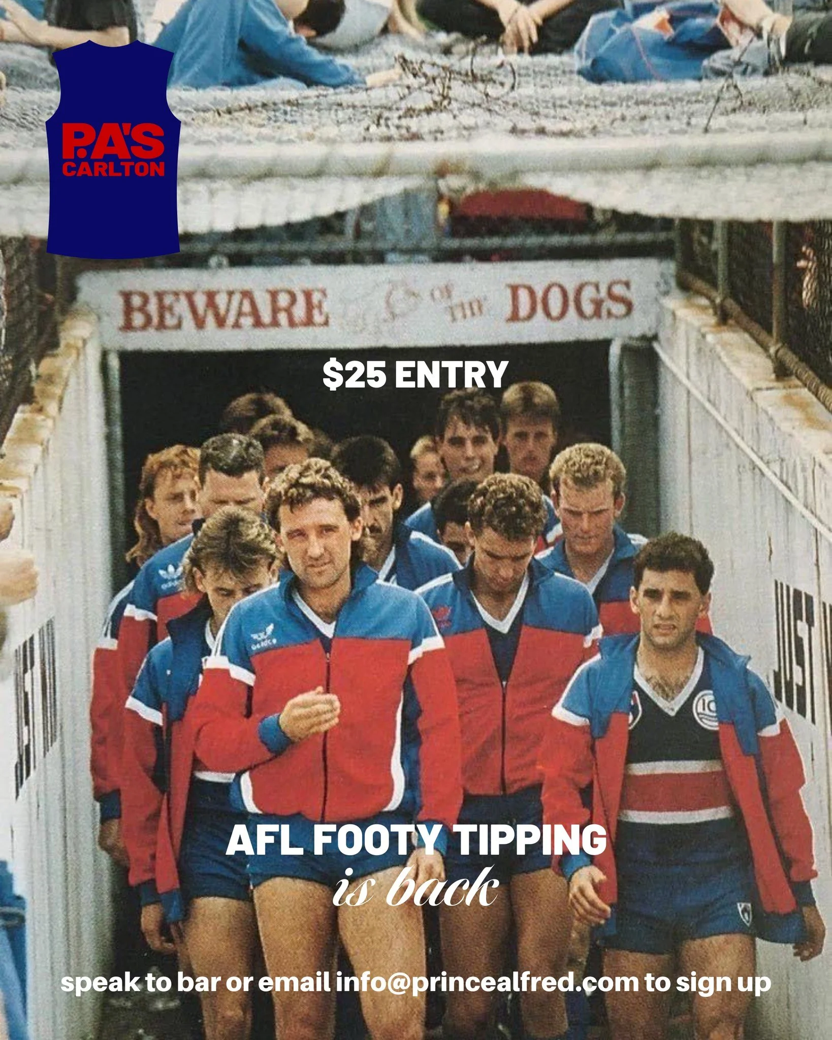 P.A's Footy Tipping is HERE!! 

Running into AFL season, get in NOW - $25 entry 

Speak to bar staff in venue or email info@princealfred.com to enter

 #afl #afltipping #footytips #footytipping #sportsbar #carltonpub #melbournepubs #melbournefooty #a