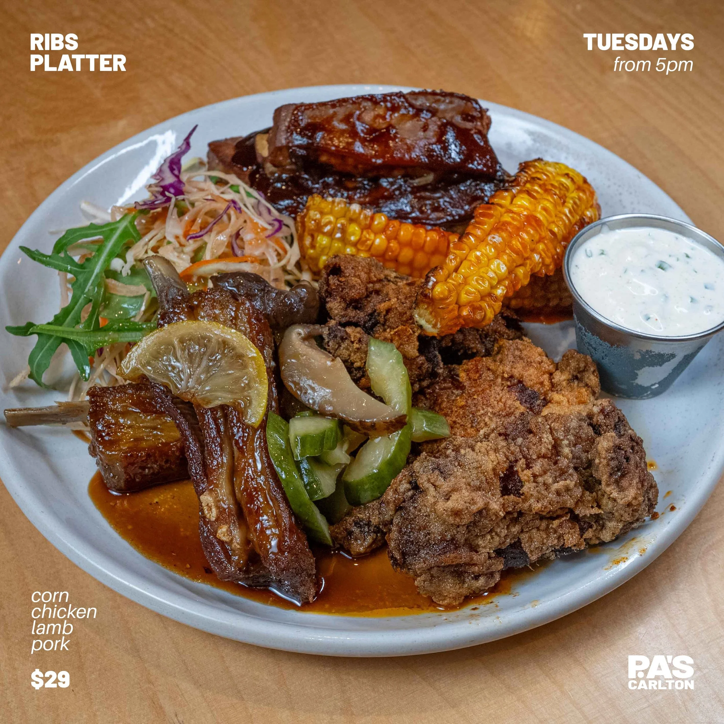 Tuesday nights are for $29 Rib Platters 🤤

A huge plate of corn, chicken, lamb and pork ribs... perfect if you're hungry or to share!

#melbournepubs #cheapeatsmelbourne #princealfredcarlton #ribs #melbournefood
