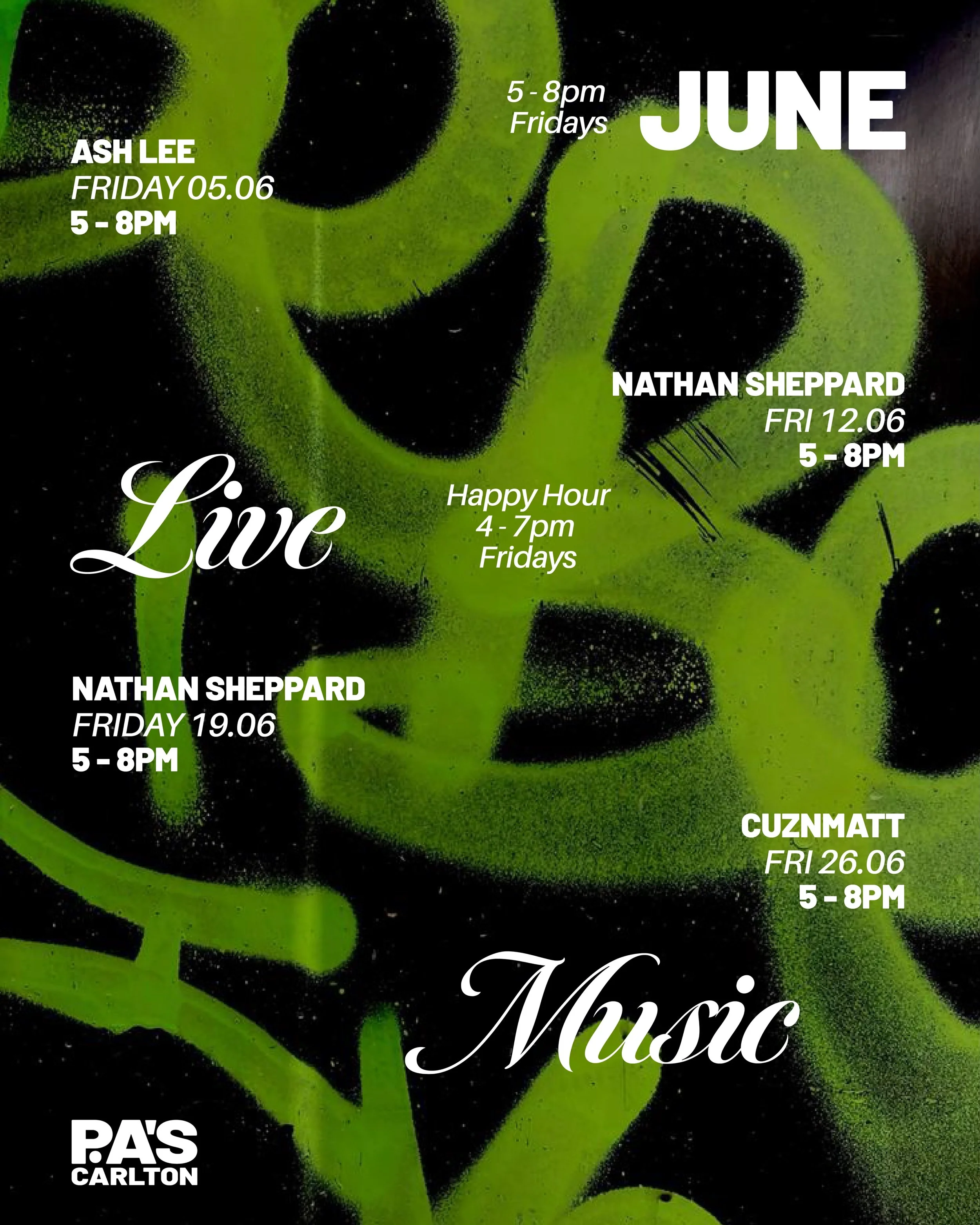 JUNE - FRIDAY LIVE MUSIC ROSTER 🎶

@ash________lee 
@nackerz79 
@cuznmatt
