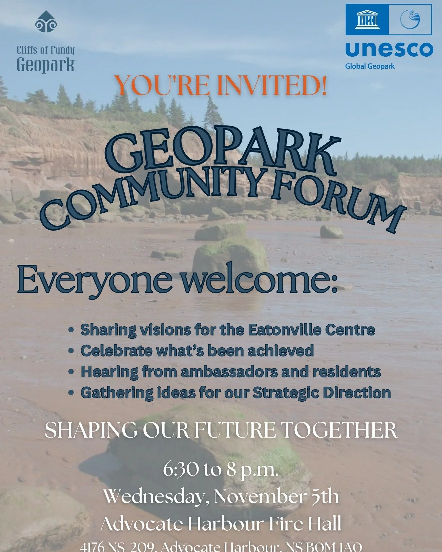 🪨✨ Have your say in shaping the future of the Cliffs of Fundy!

Join us for a Community Forum where your ideas, insights, and wildest dreams can help guide what comes next for our UNESCO Global Geopark 🌍

📅 Wednesday, November 5
🕡 6:30&ndash;8:00