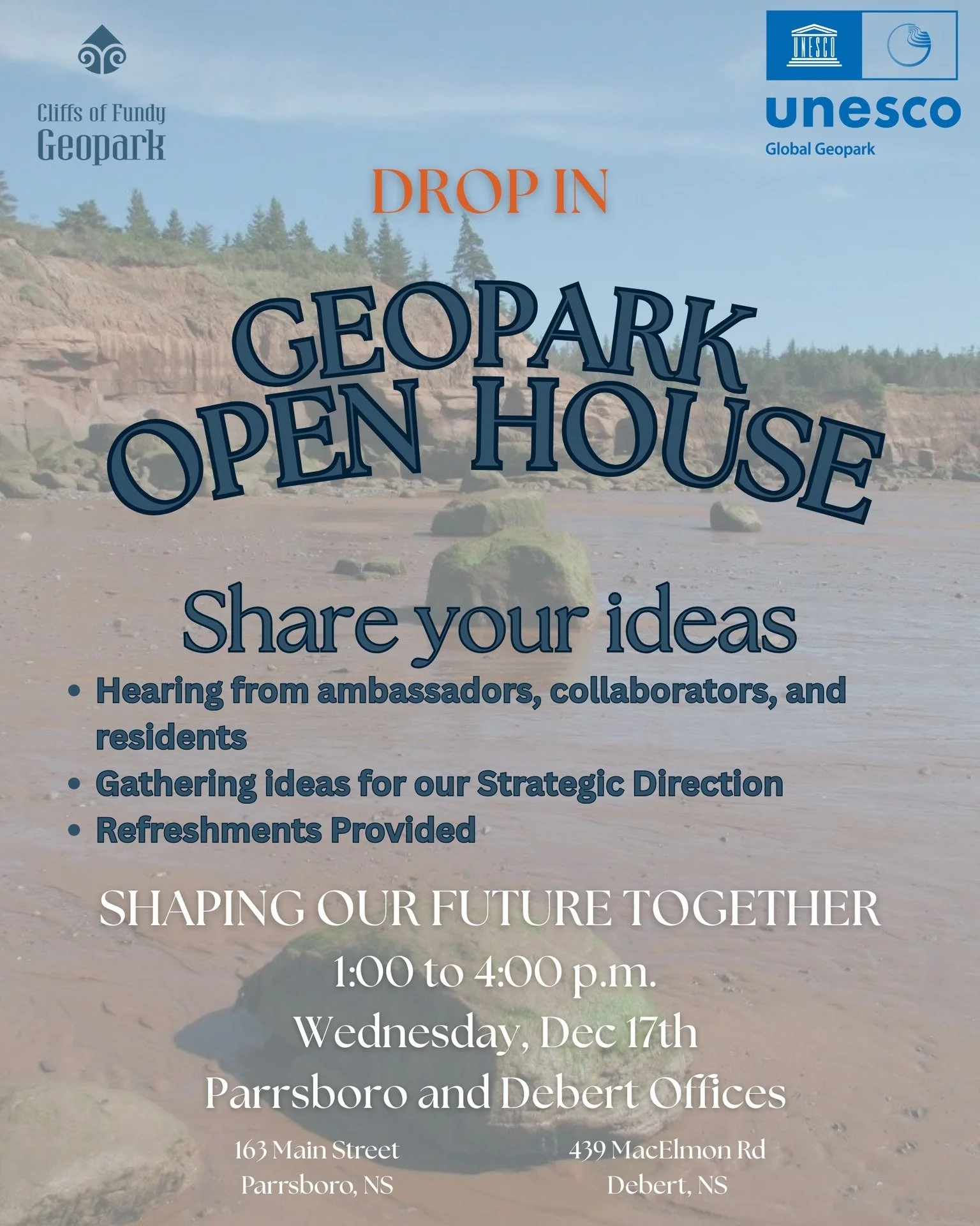 We&rsquo;re keeping the conversation going! 🌊✨
If you missed our recent community sessions, here&rsquo;s another chance to share your ideas and help shape the future of YOUR Global Geopark.

Drop in anytime between 1&ndash;4 PM on Wednesday, Decembe