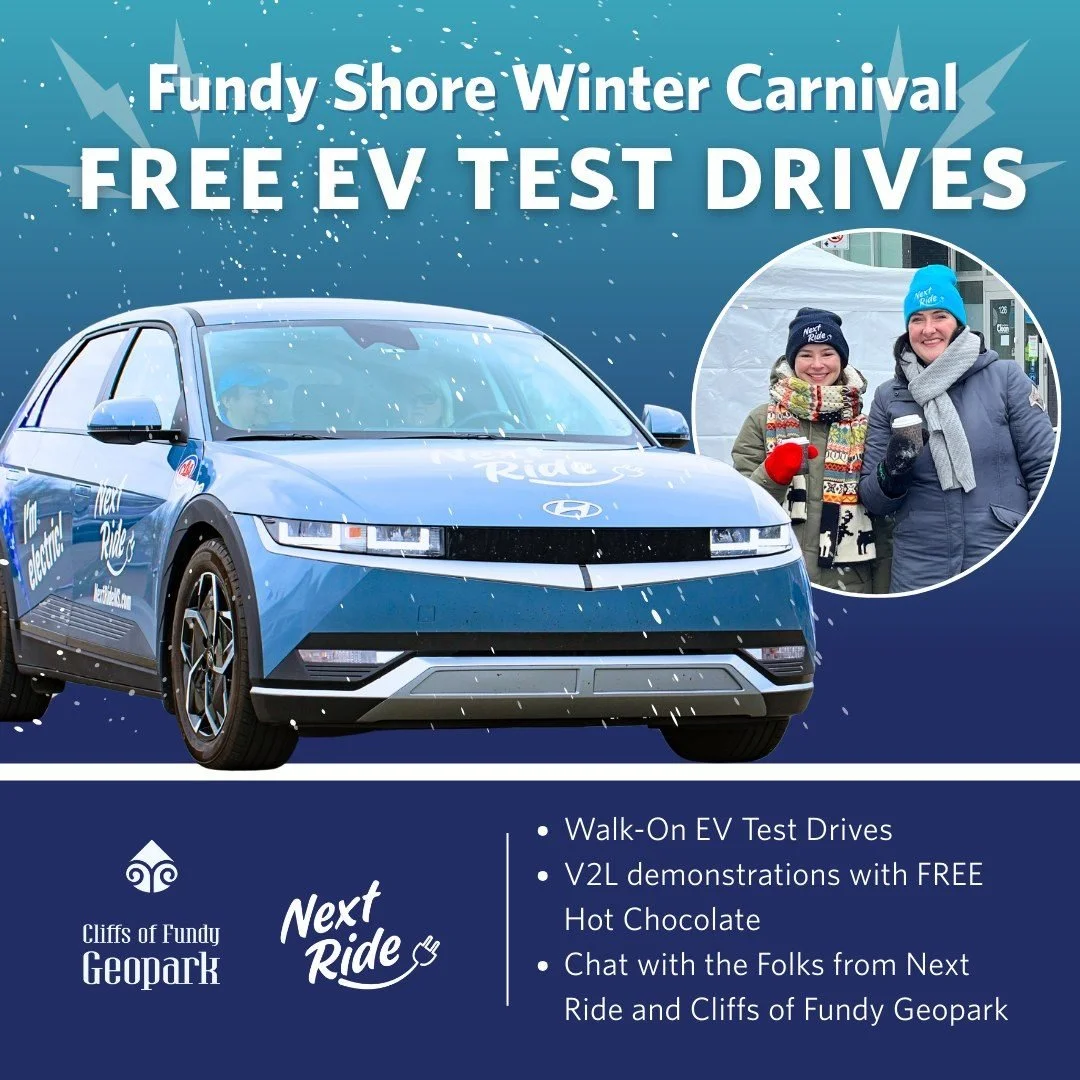 Join Cliffs of Fundy and Next Ride at the Fundy Shore Winter Carnival for FREE EV test drives and warm winter fun ⚡🚗☕

Next Ride will be on site showcasing V2L technology while serving free hot chocolate. Stop by to explore electric vehicles, ask qu