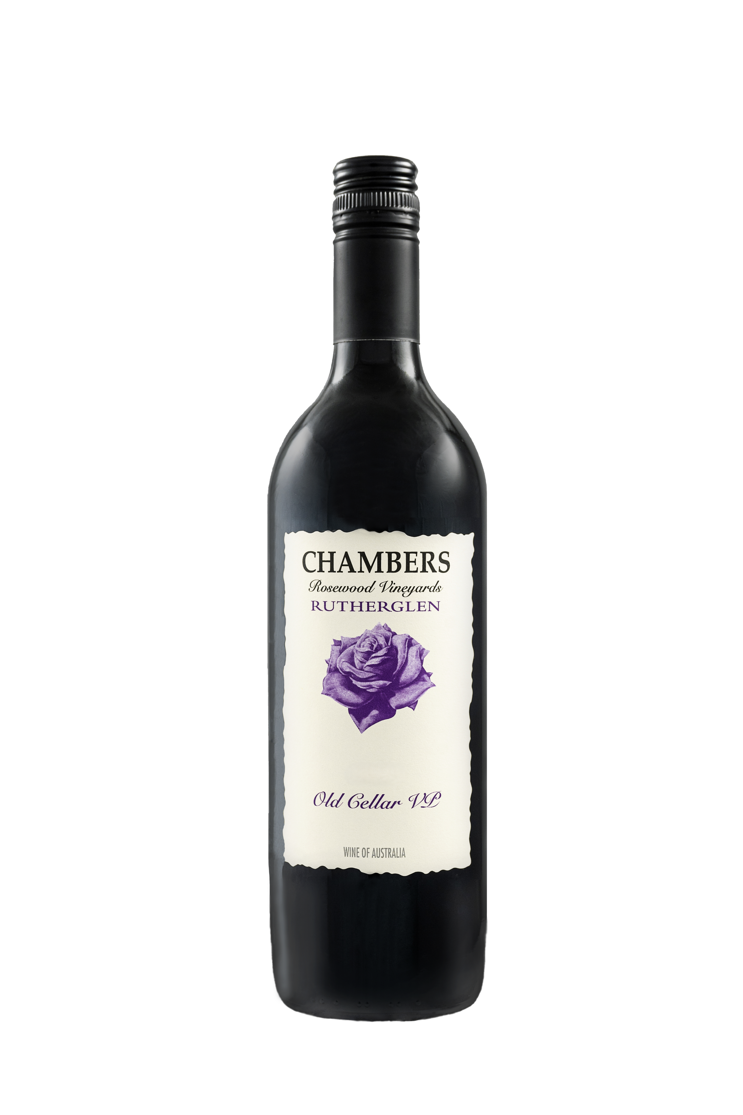 A dark wine bottle with a white label featuring a purple rose illustration and the label text: 'Chambers Rosewood Vineyards Rutherglen Old Cellar VL, Wine of Australia.'
