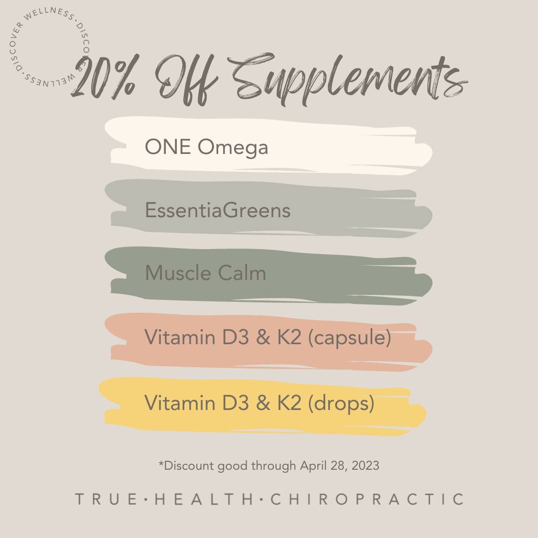 April 25th marks our 1 year anniversary! ✨

To show our appreciation to all who have supported us during this first year, we're offering 20% off all in stock supplements for the remainder of April!

In stock supplements include:
🌿 ONE Omega
🌿 Essen