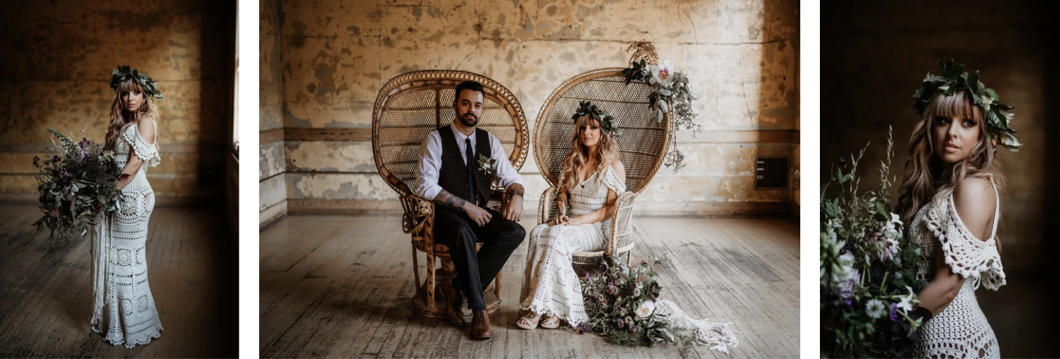 Bohemian-style wedding photos featuring a woman in a crochet dress with a floral crown, a man in a vest and white shirt, and a decor setting with flower arrangements and vintage chairs.
