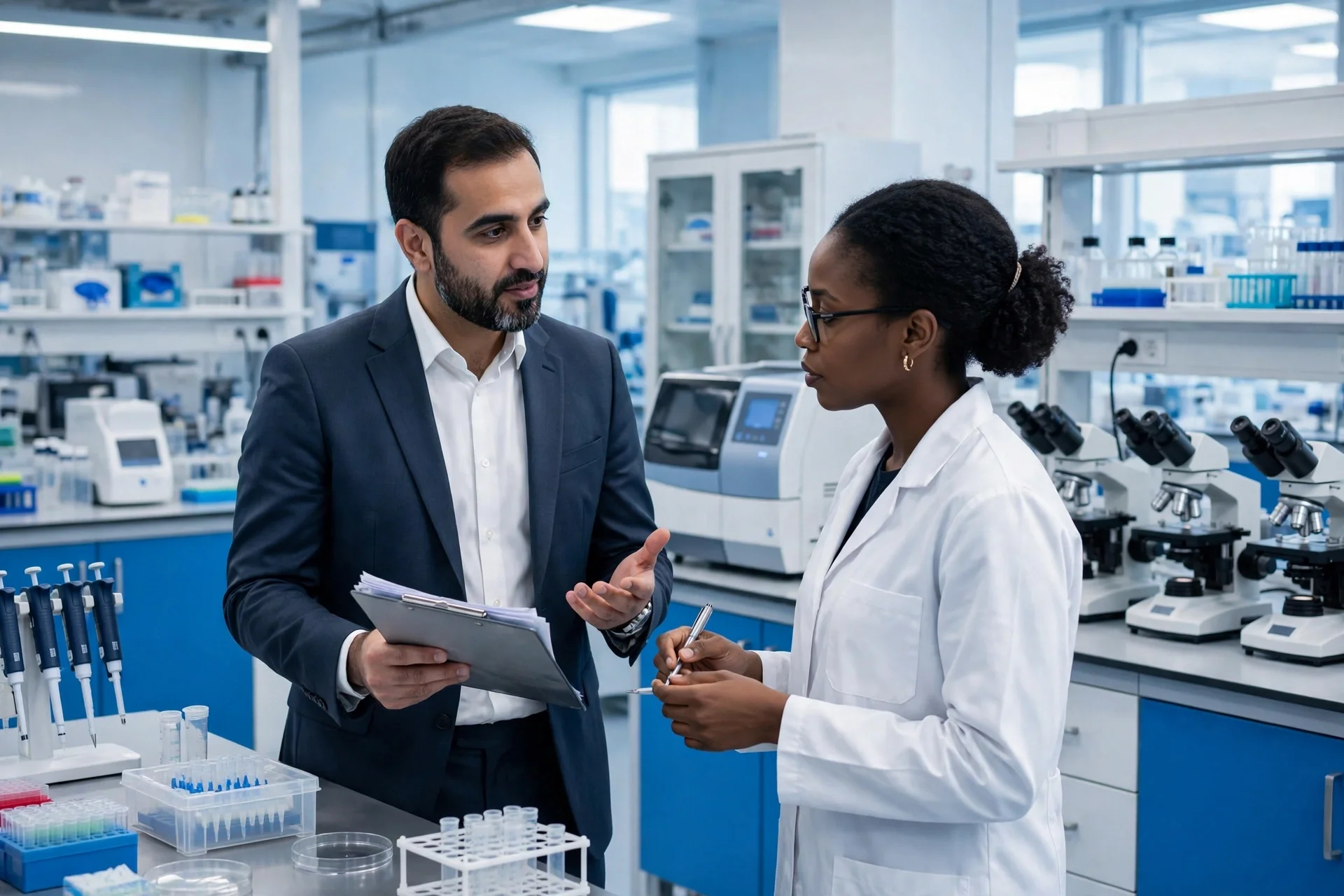 Zilgene consultant discussing documents with a laboratory director in a modern clinical laboratory
