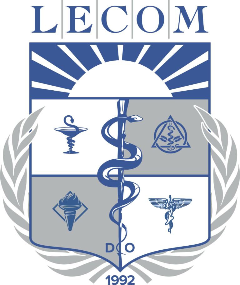 LECOM emblem with medical symbols, a caduceus, and a sunburst design.