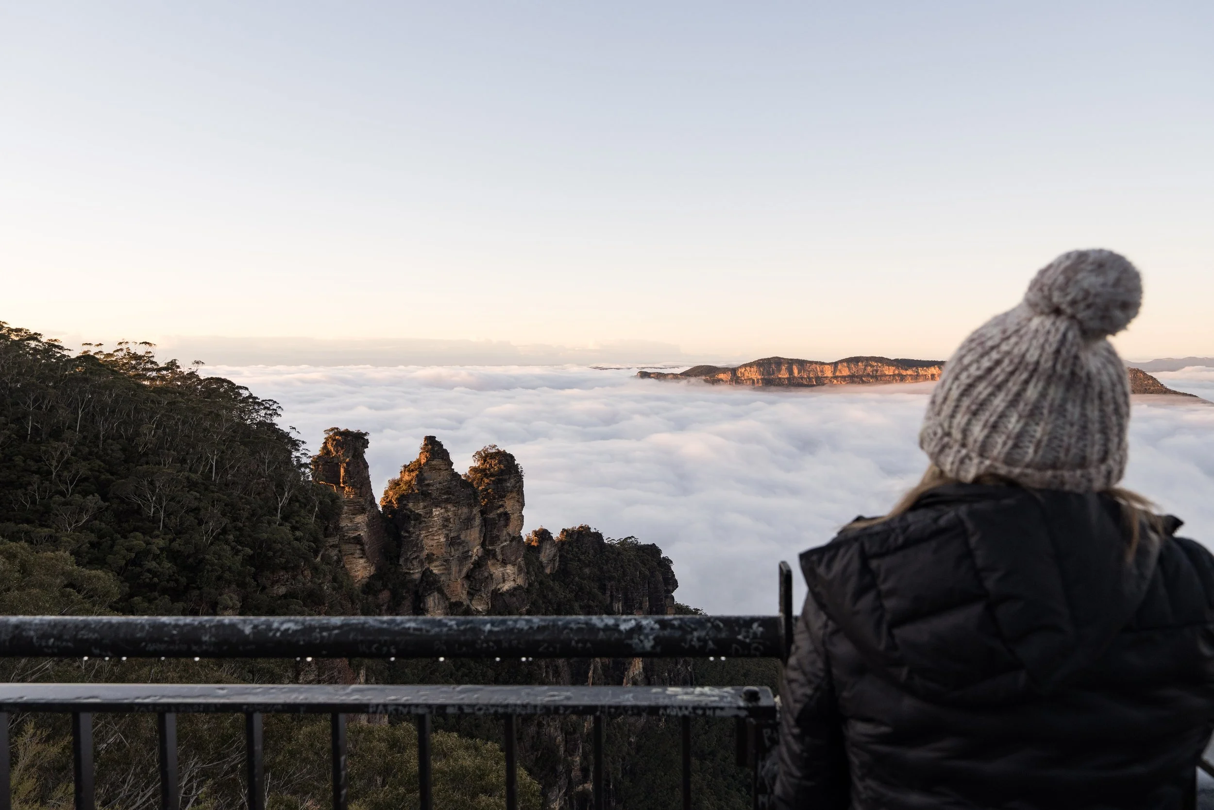 Three Sisters Katoomba surrounded by winter fog. Get to Echoe Point early in the day for a beautiful sunrise and beat the crowds!