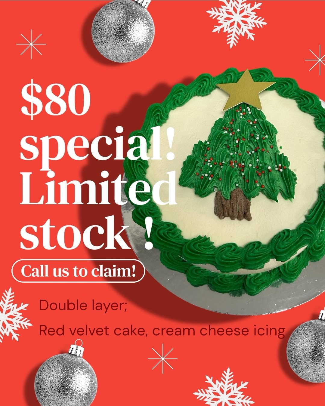 $80 double layer Christmas cake special!! Vanilla and Red Velvet flavours.
Call us NOW to claim yours! 
(03) 9762 6768

With only a couple of days until our Christmas closure; these cakes are suitable to freeze, which means they&rsquo;ll be perfect t
