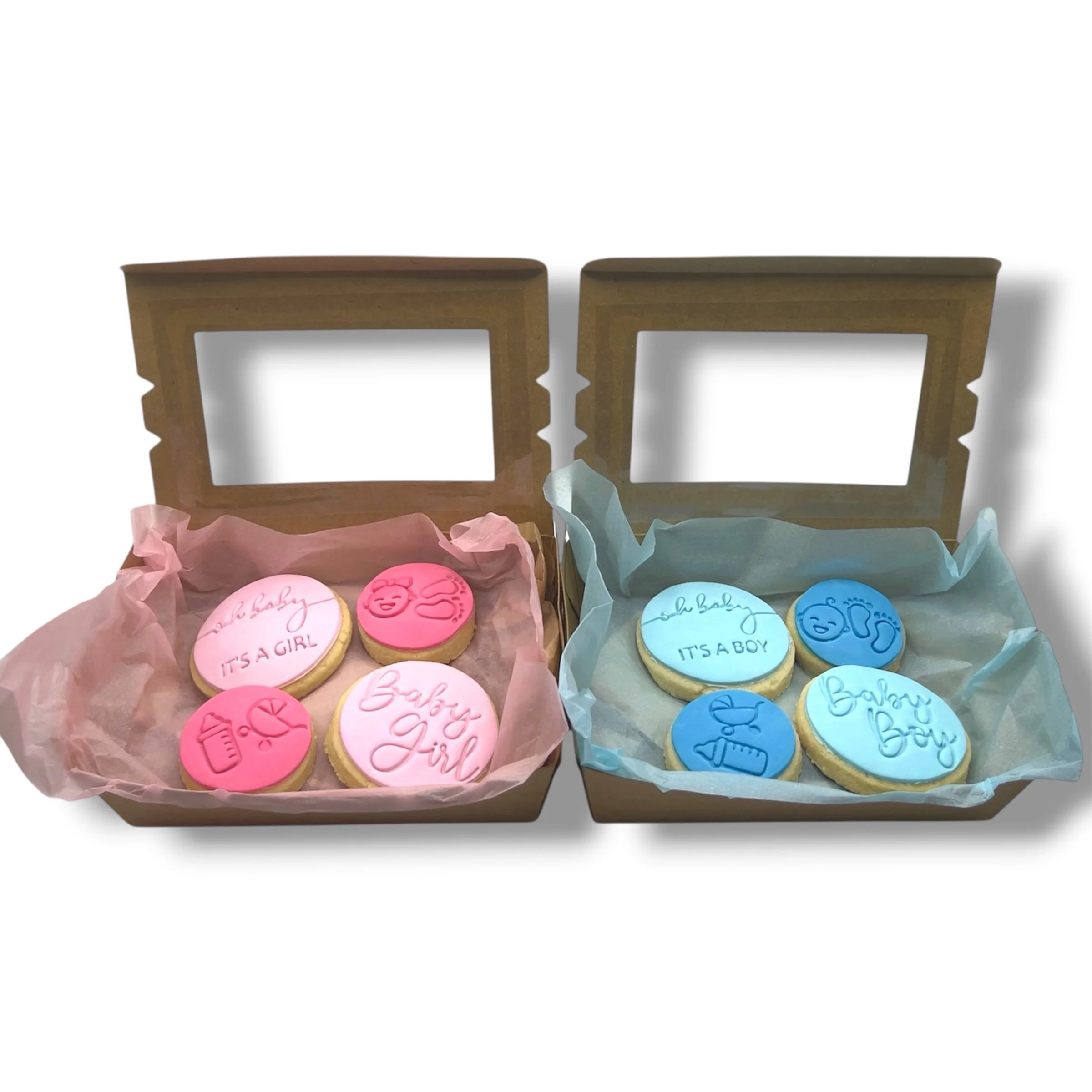 &lsquo;Baby Girl&rsquo; and &lsquo;Baby Boy&rsquo; fondant sugar cookies packs available online now 🩷🩵

These beautiful sugar cookie packs are a perfect treat for anyone expecting a new baby 🍼
100% vegan, gluten &amp; nut free 

Order online: http