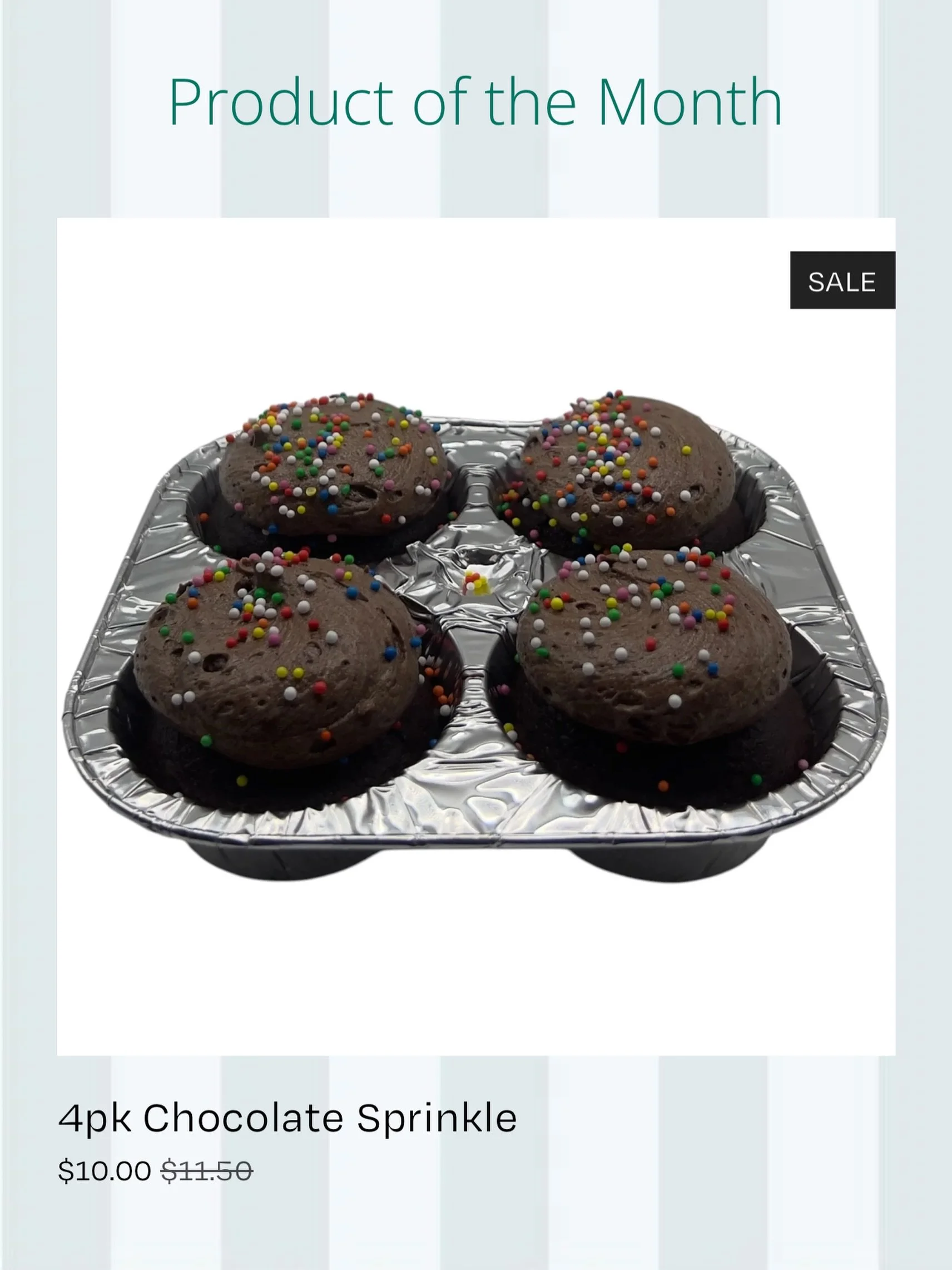 Our &lsquo;Product of the Month&rsquo; Chocolate Sprinkle 4pk Cupcakes 🧁🍫

Hurry! This price is only for the month of June. 

All of our products are suitable to freeze, so a great time to stock up on these if they&rsquo;re your favourite!

Order o