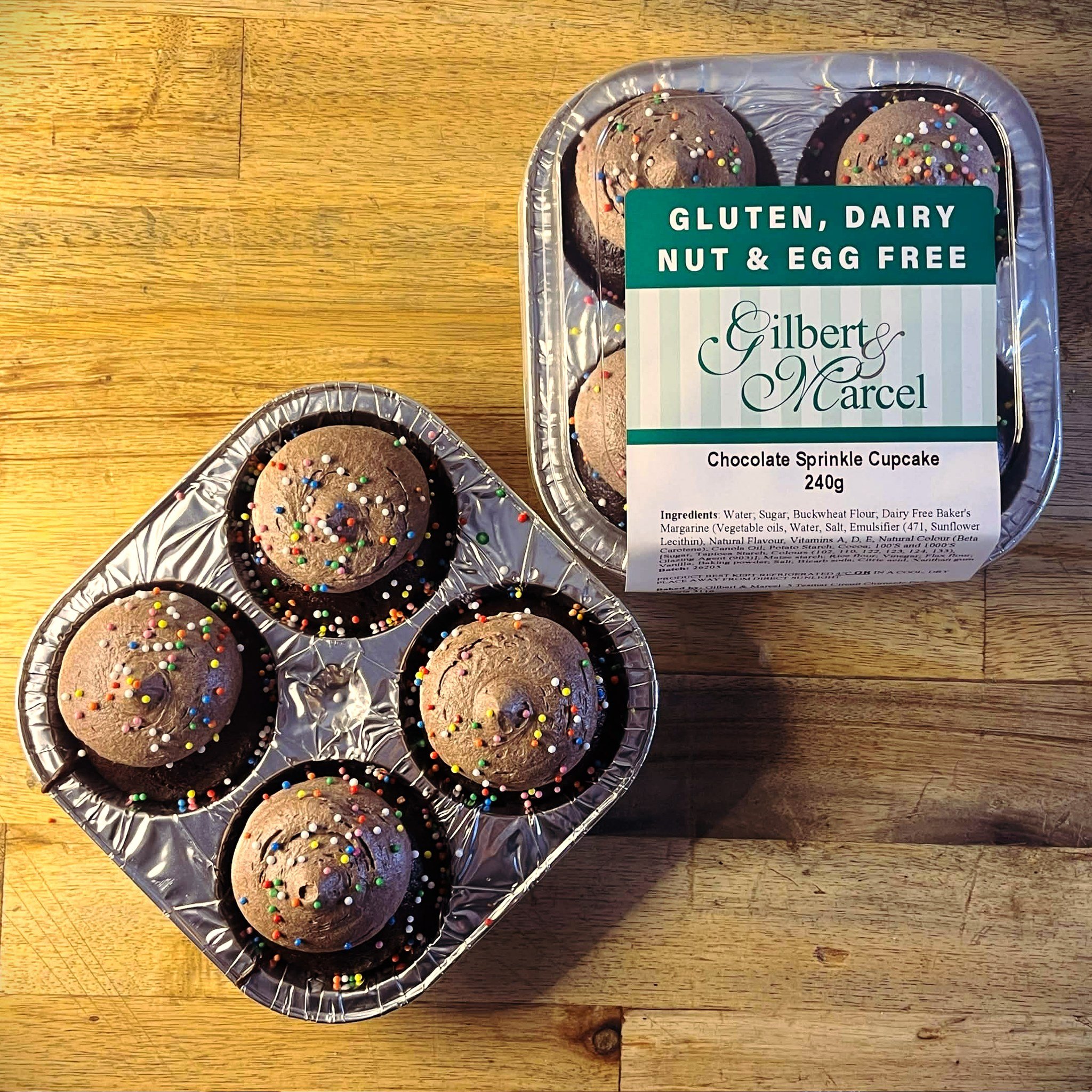 Chocolate sprinkle cupcakes, fresh from our 100% gluten, dairy, nut &amp; egg-free kitchen, safe for the whole family to enjoy! 🧁

Soft chocolate cake decorated with our creamy, mousse-like chocolate frosting and 100&rsquo;s and 1000&rsquo;s

📦 240