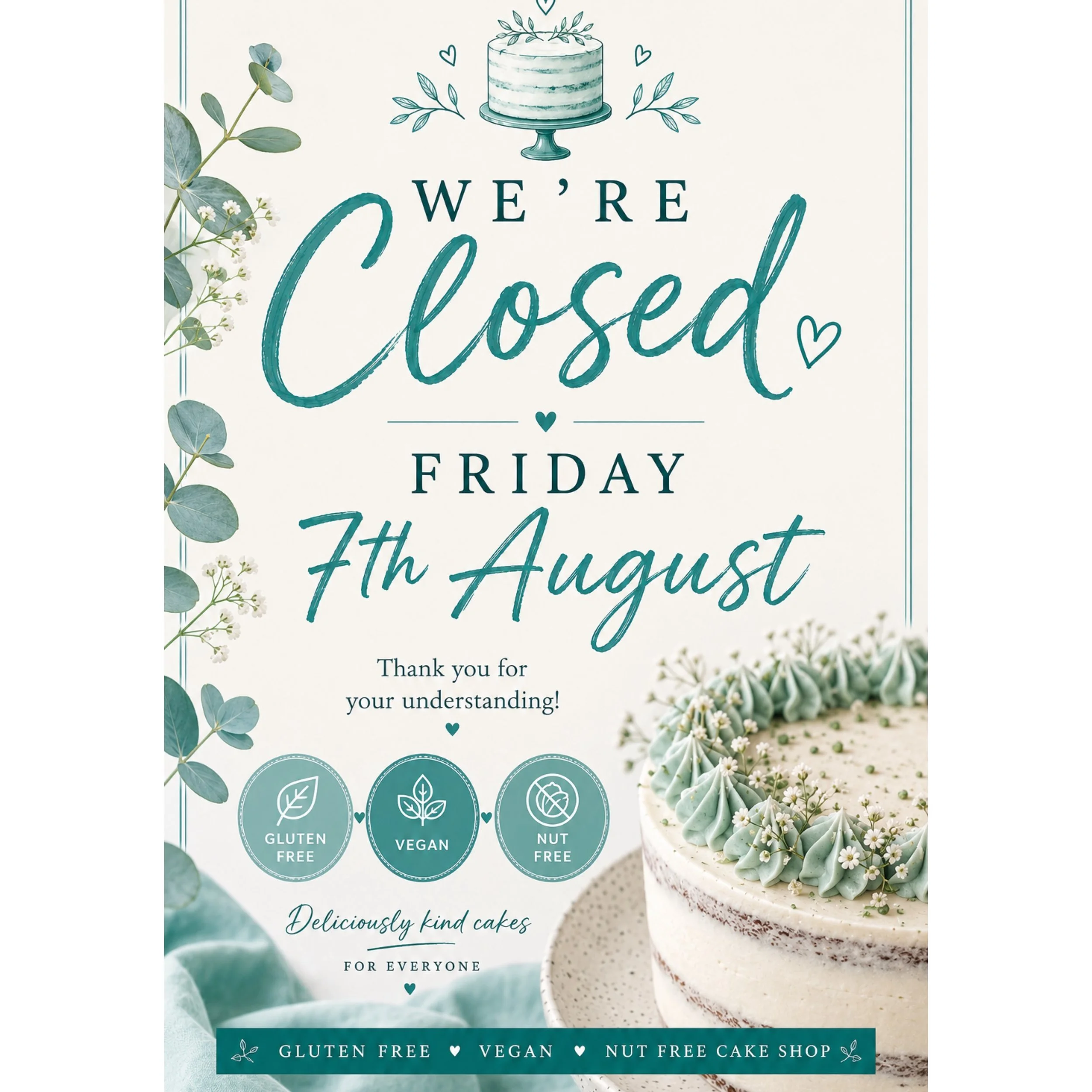We shall be closed FRIDAY 7/8, However back Monday; our usual hours of 8am - 4pm 😊🧁

If you&rsquo;re needing cake for this weekend, get in contact! Collection Thursday 6/8 will be okay, and the products are more than okay to last for your weekend e